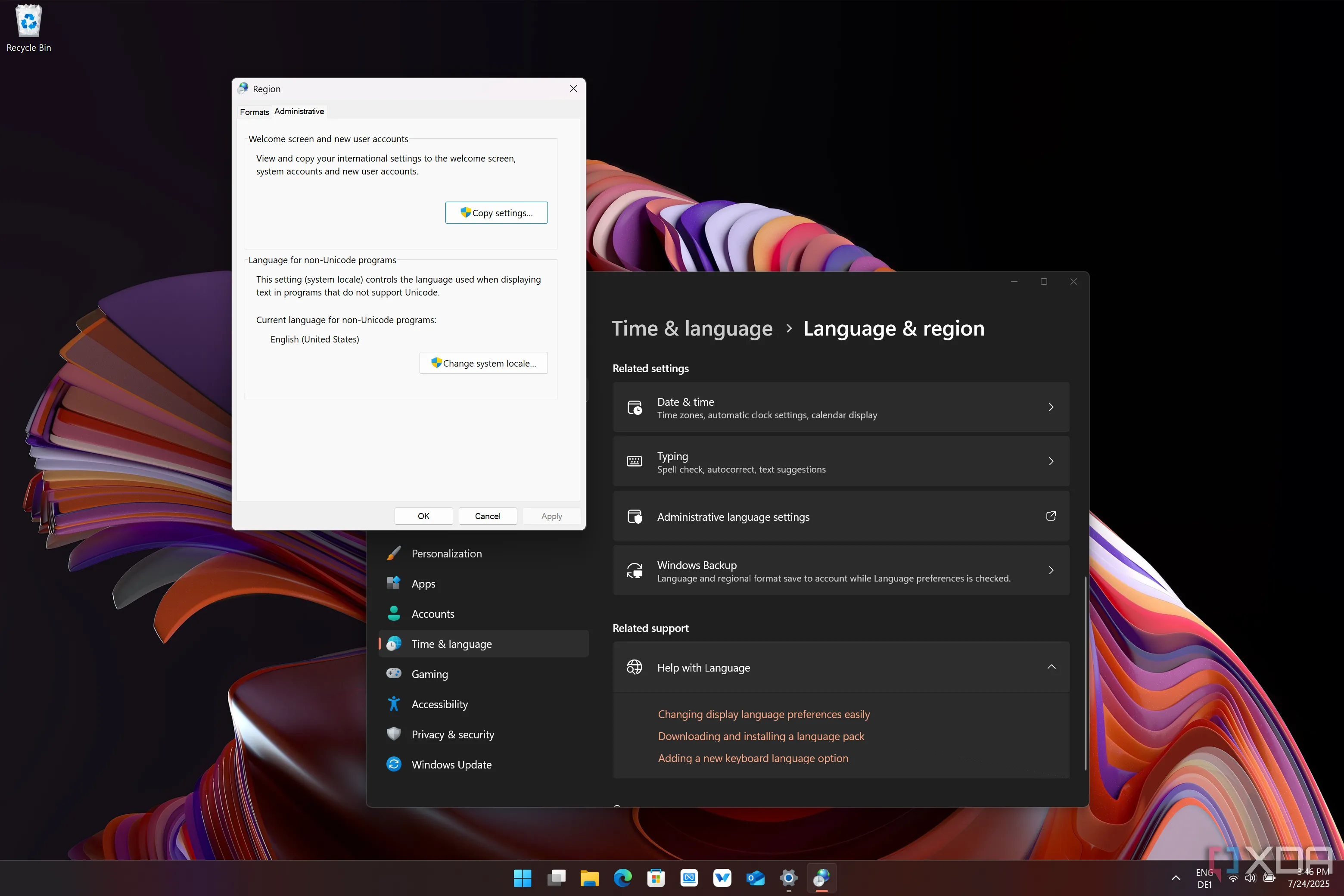 Ảnh chụp màn hình cửa sổ cài đặt Vùng hành chính trong Windows 11, nơi quản lý các thiết lập ngôn ngữ và khu vực nâng cao