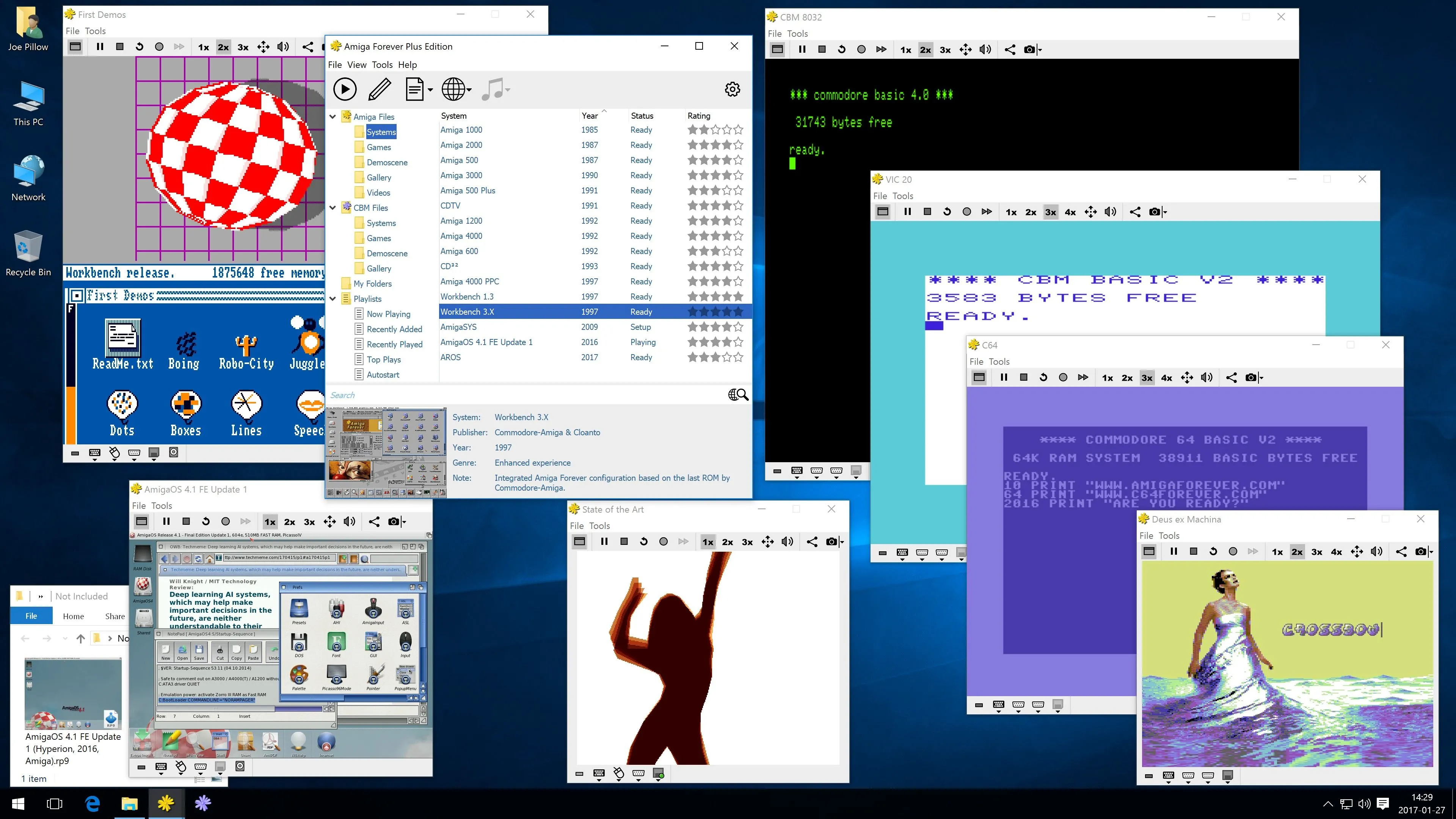 Ảnh chụp màn hình desktop của Amiga Forever với nhiều ứng dụng đang mở, tái hiện trải nghiệm Amiga cổ điển