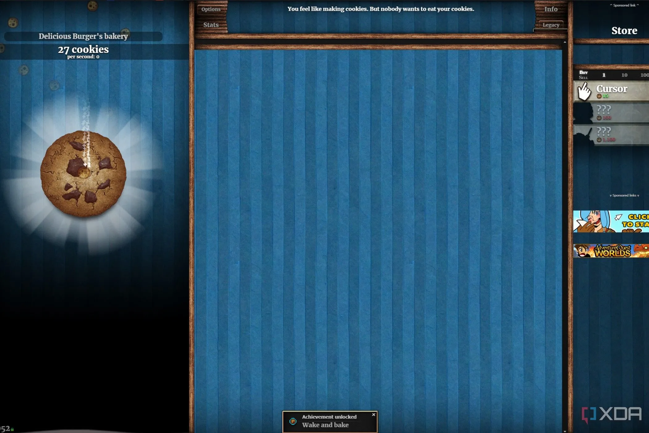 Ảnh chụp màn hình game Cookie Clicker, một trò chơi idle nổi tiếng có thể chơi trực tiếp trên trình duyệt web.
