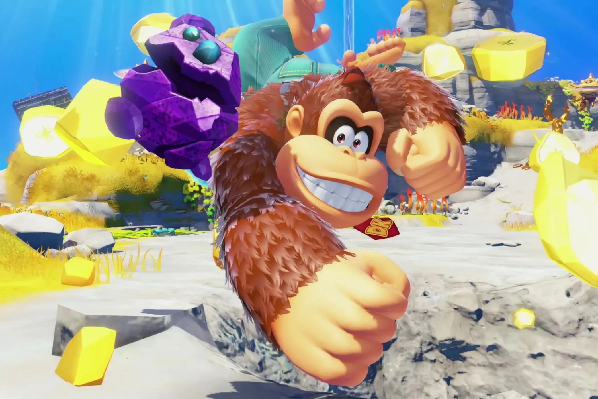 Ảnh chụp màn hình game Donkey Kong Bananza trên Nintendo Switch 2 với đồ họa đầy màu sắc