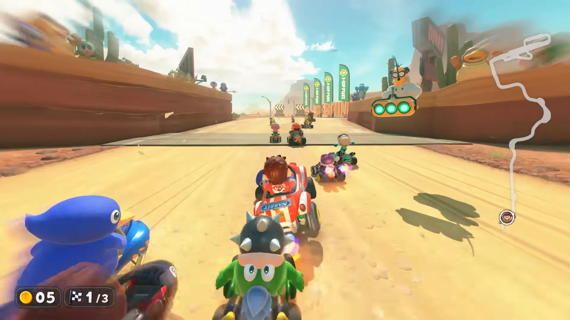 Ảnh chụp màn hình game Mario Kart World với nhiều tay đua trên đường đua mới, minh họa cho nội dung game phong phú