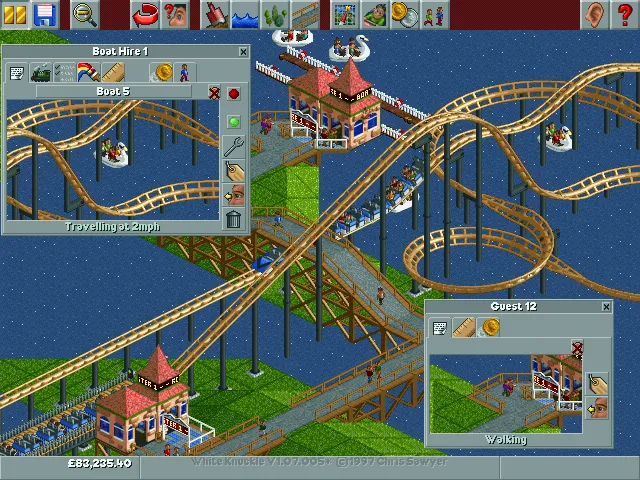 Ảnh chụp màn hình game RollerCoaster Tycoon trong giai đoạn phát triển đầu, minh họa đồ họa pixel cơ bản