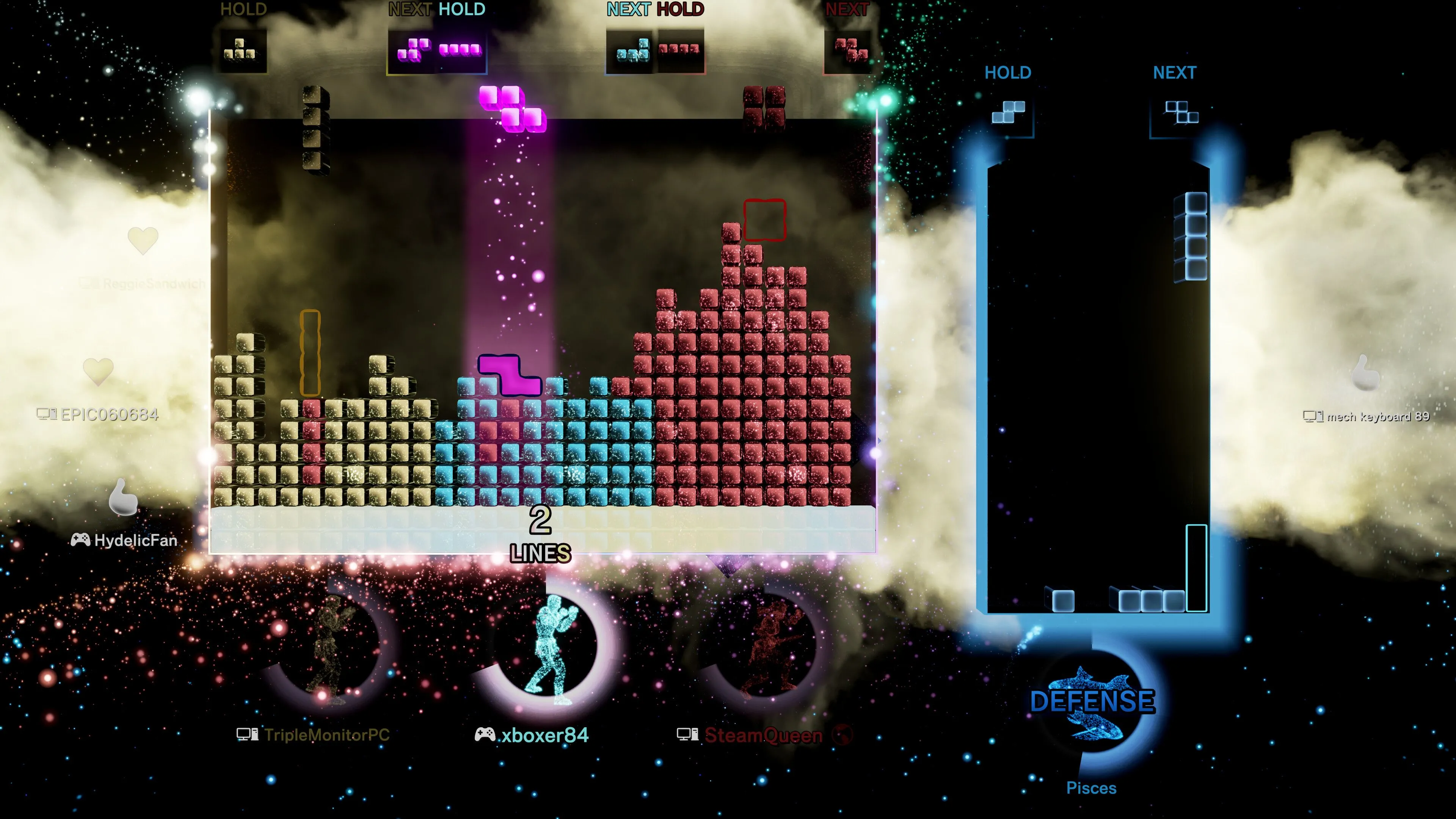 Ảnh chụp màn hình game Tetris Effect với một bảng Tetris lớn và các khối nhỏ hơn, thể hiện sự hấp dẫn vượt thời gian của Tetris.