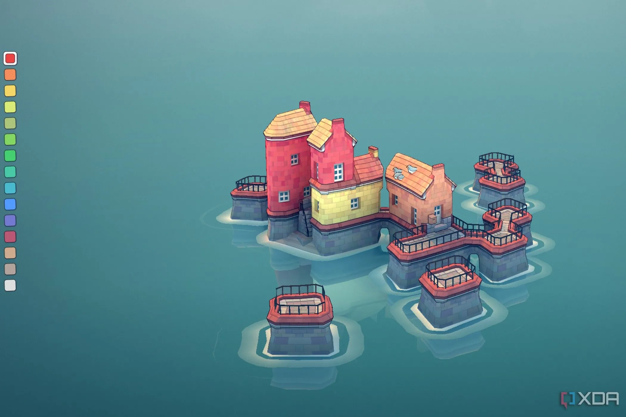 Ảnh chụp màn hình game Townscaper, trò chơi xây dựng thị trấn nhẹ nhàng với đồ họa màu sắc.
