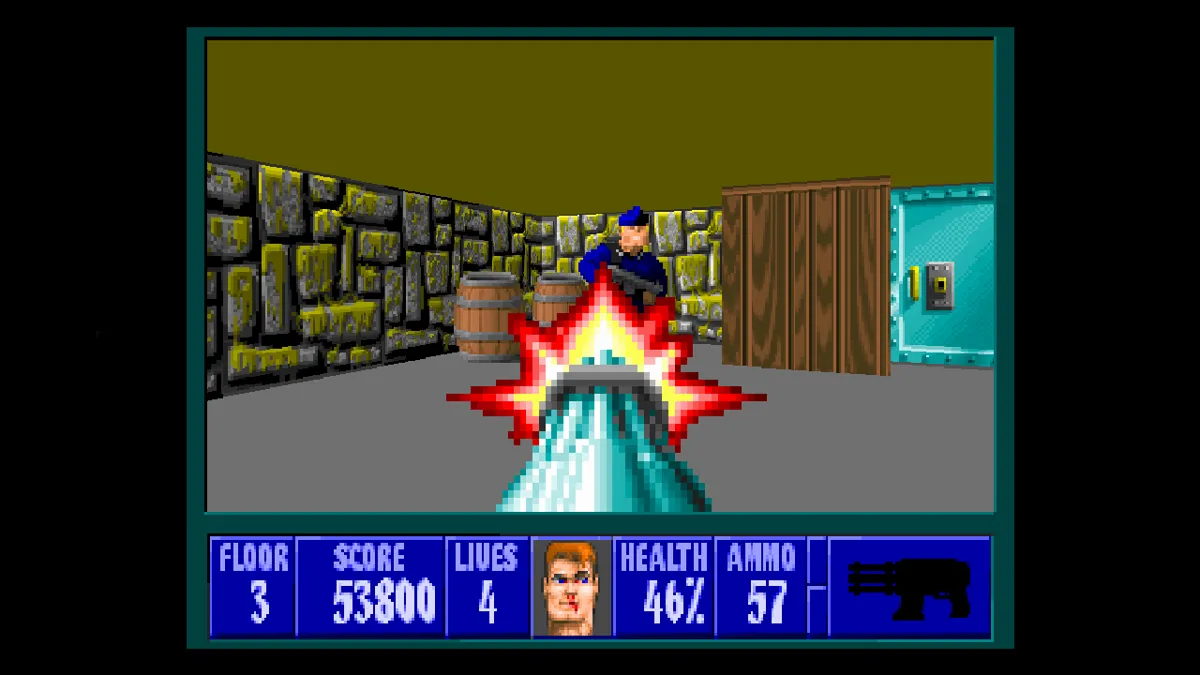 Ảnh chụp màn hình game Wolfenstein 3D với góc nhìn thứ nhất, minh họa đồ họa 3D sơ khai.