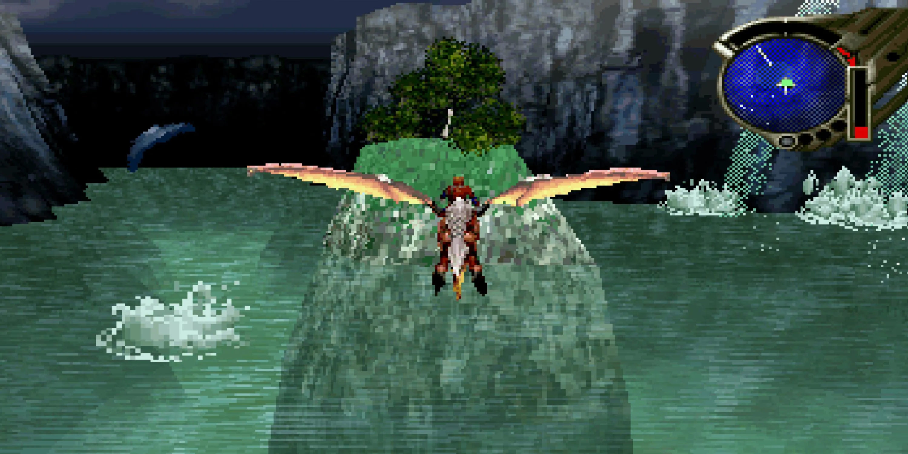Ảnh chụp màn hình gameplay của Panzer Dragoon Saga với cảnh rồng đang bay