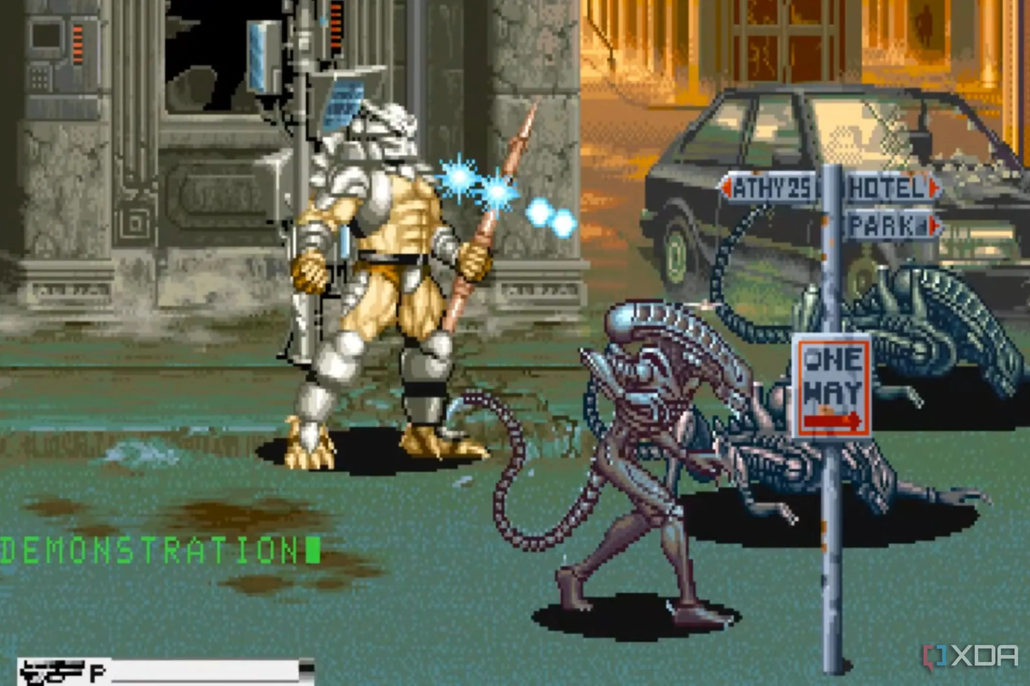 Ảnh chụp màn hình gameplay của tựa game arcade Alien vs. Predator, với các nhân vật đang chiến đấu.