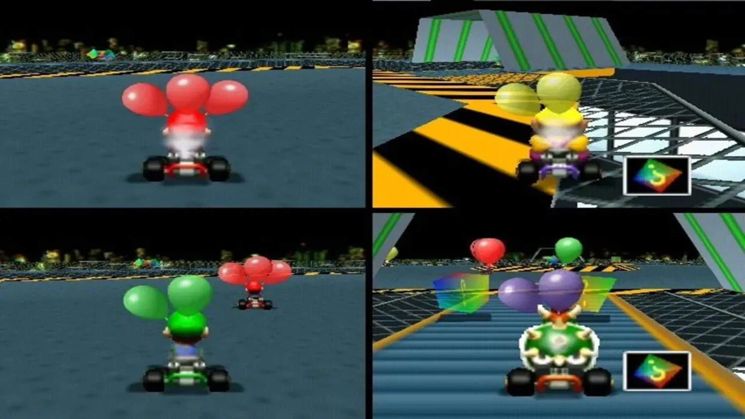 Ảnh chụp màn hình gameplay từ Mario Kart 64, thể hiện đường đua sống động và các nhân vật biểu tượng.