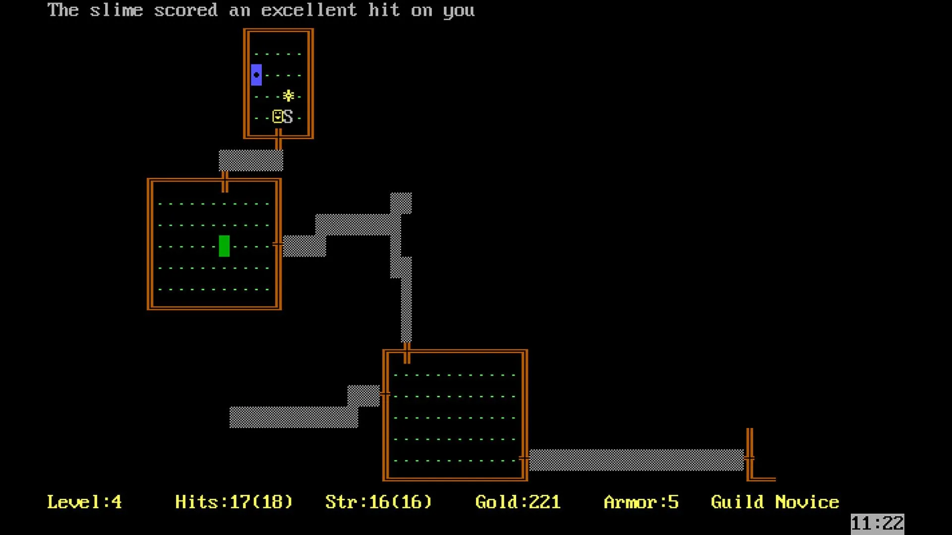 Ảnh chụp màn hình giao diện game Rogue cổ điển, với đồ họa ASCII.