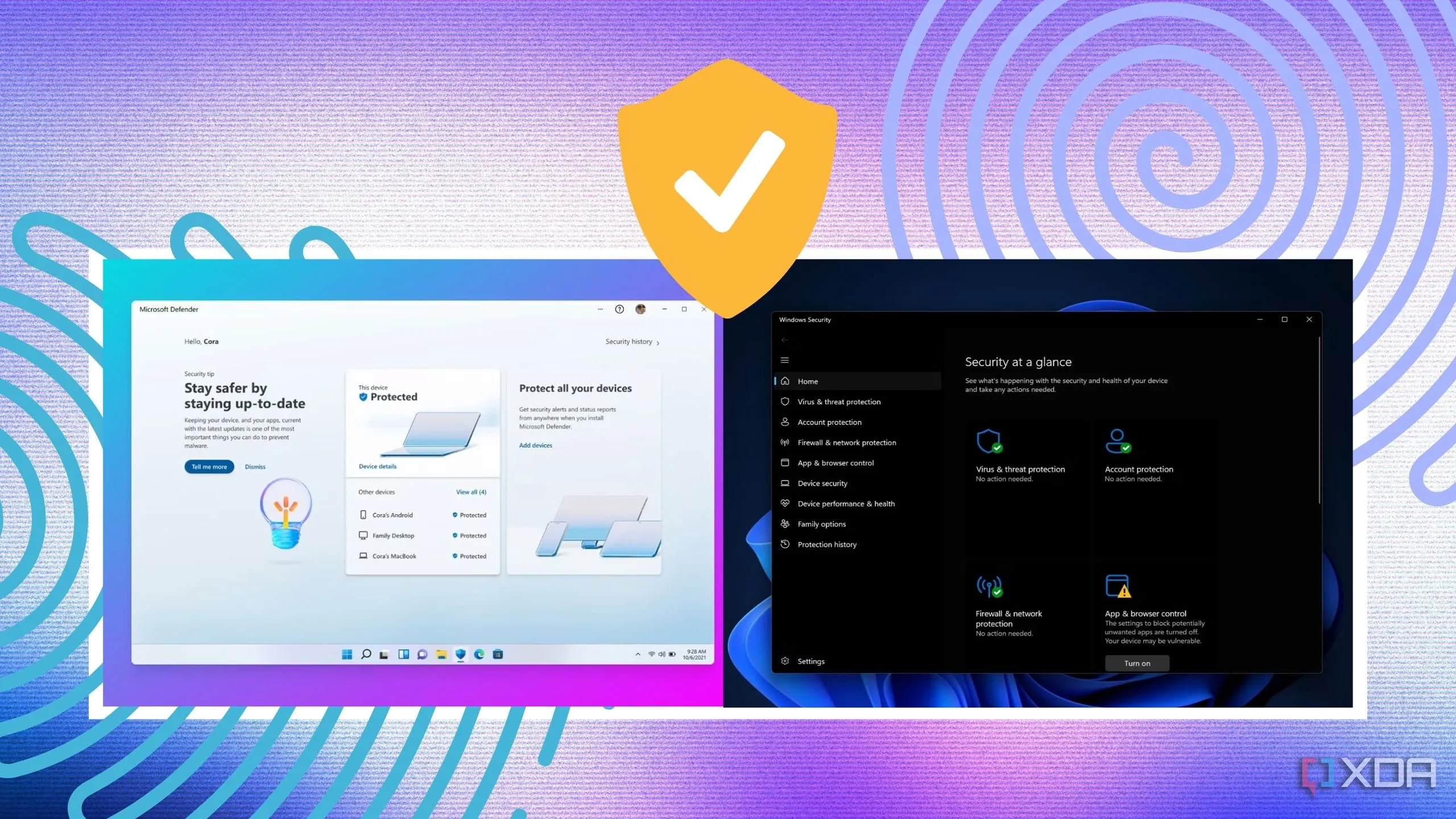 Ảnh chụp màn hình giao diện Microsoft Defender và Windows Security, minh họa các ứng dụng bảo mật