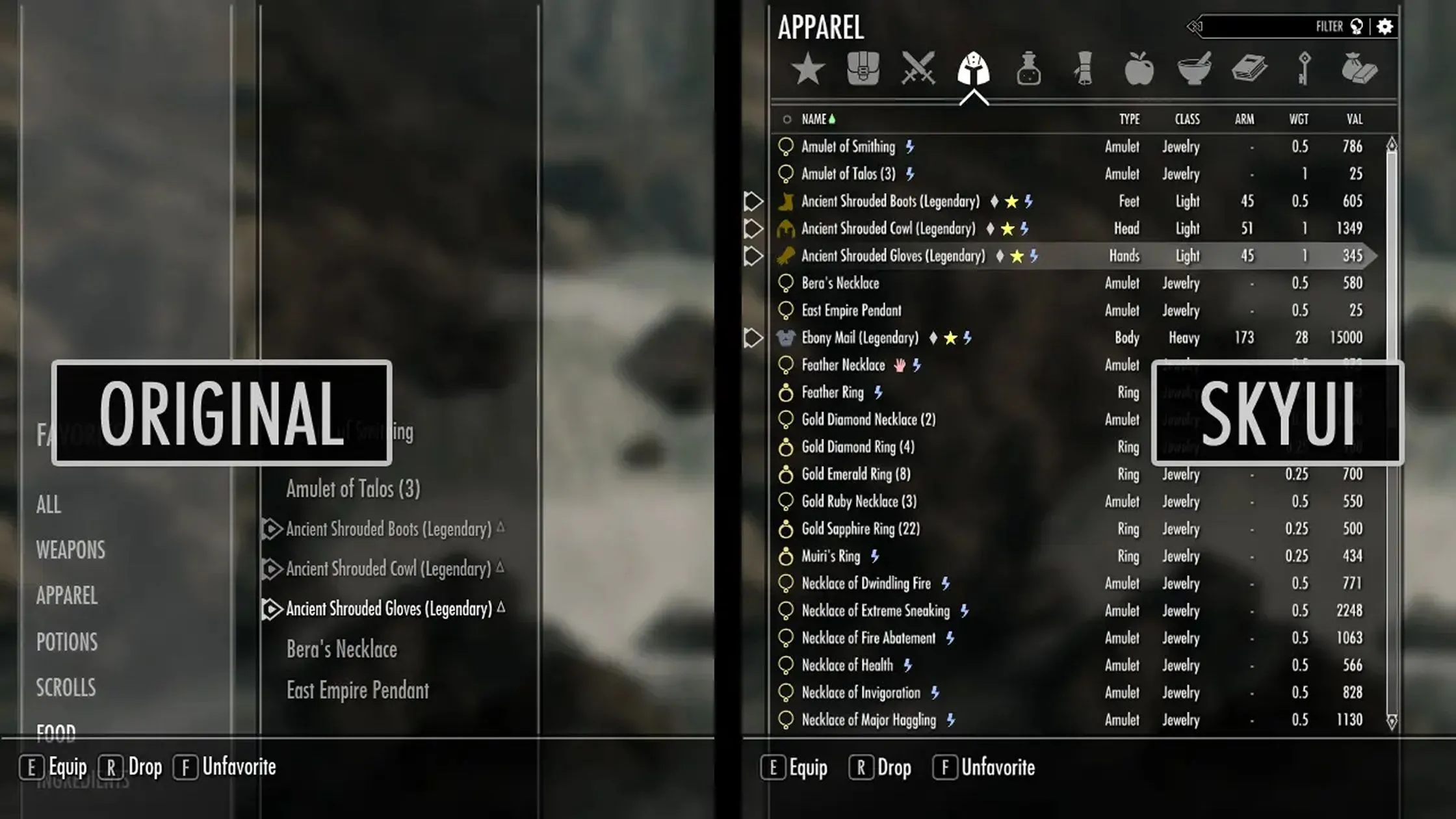 Ảnh chụp màn hình giao diện SkyUI trong Skyrim, hiển thị menu vật phẩm được cải tiến với nhiều cột và biểu tượng màu sắc