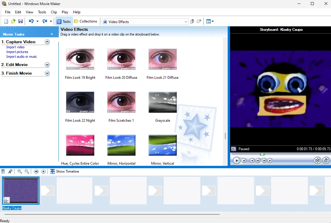 Ảnh chụp màn hình giao diện Windows Movie Maker với các công cụ chỉnh sửa video