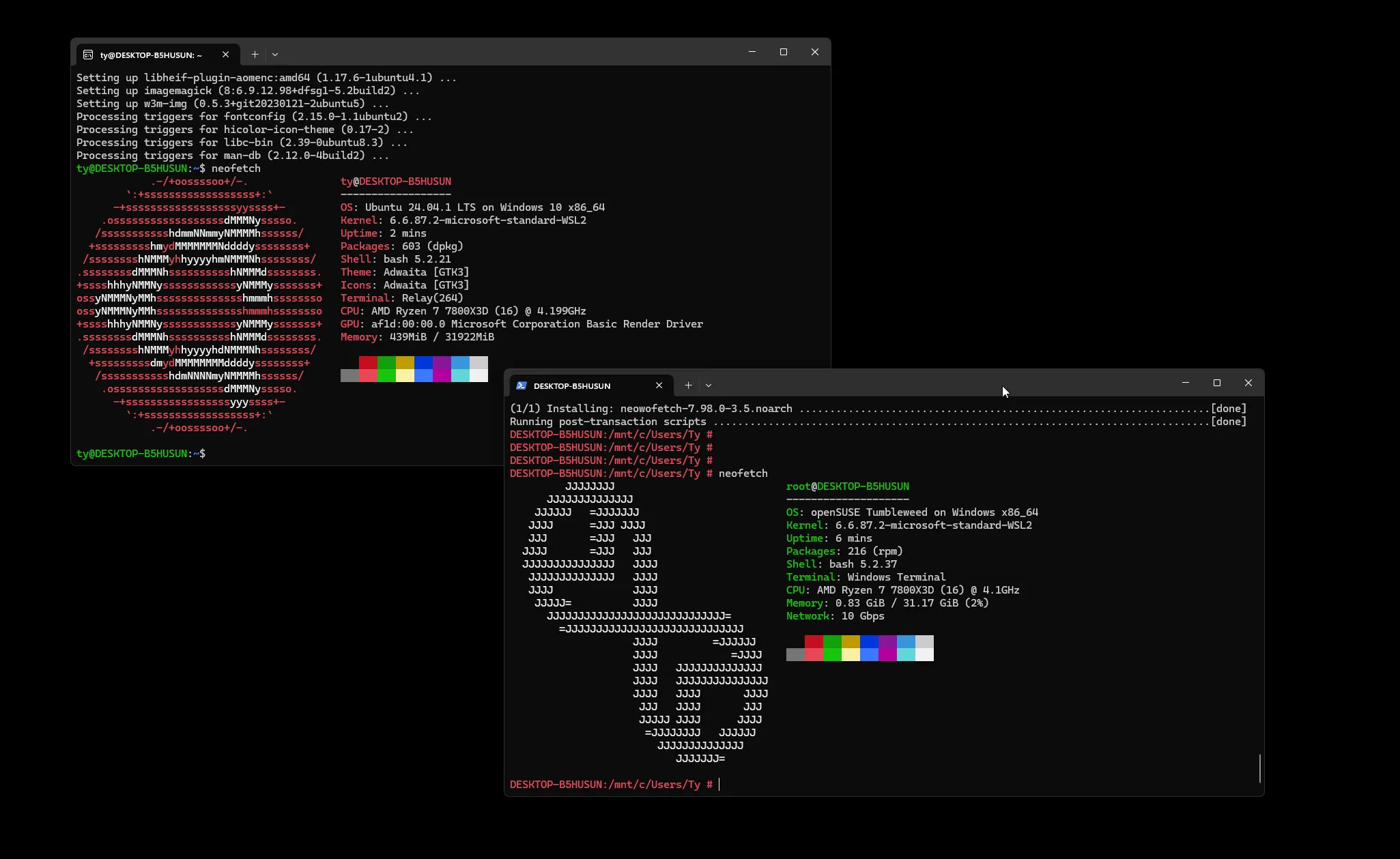 Ảnh chụp màn hình hiển thị thông tin hệ thống của hai bản phân phối Linux khác nhau chạy trên WSL thông qua lệnh Neofetch
