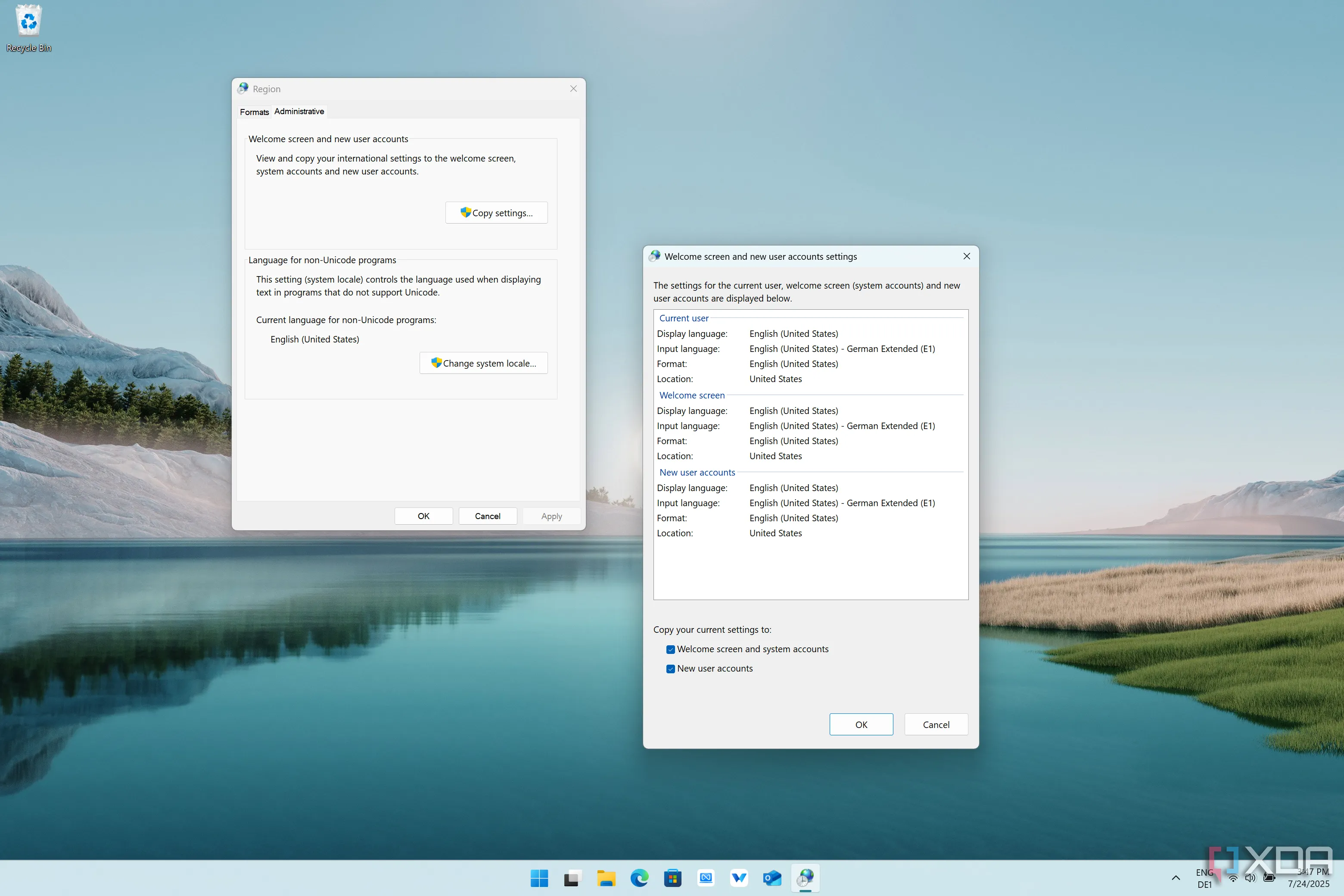 Ảnh chụp màn hình hộp thoại &quot;Sao chép cài đặt&quot; trong Windows 11, cho phép áp dụng cài đặt vùng của người dùng hiện tại cho các tài khoản mới