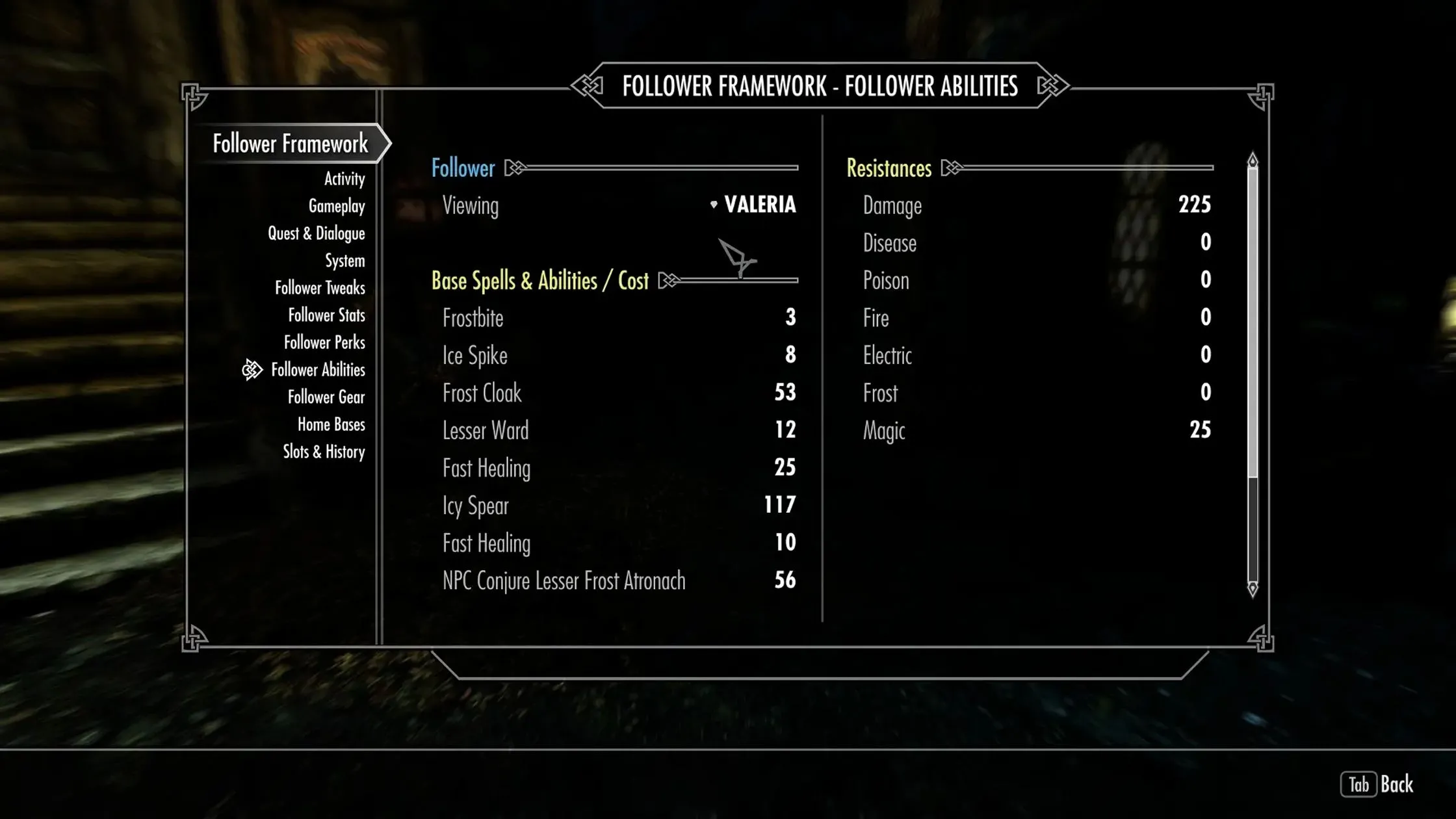 Ảnh chụp màn hình ingame của Nether's Follower Framework, hiển thị nhiều nhân vật đồng hành cùng Dragonborn trong Skyrim