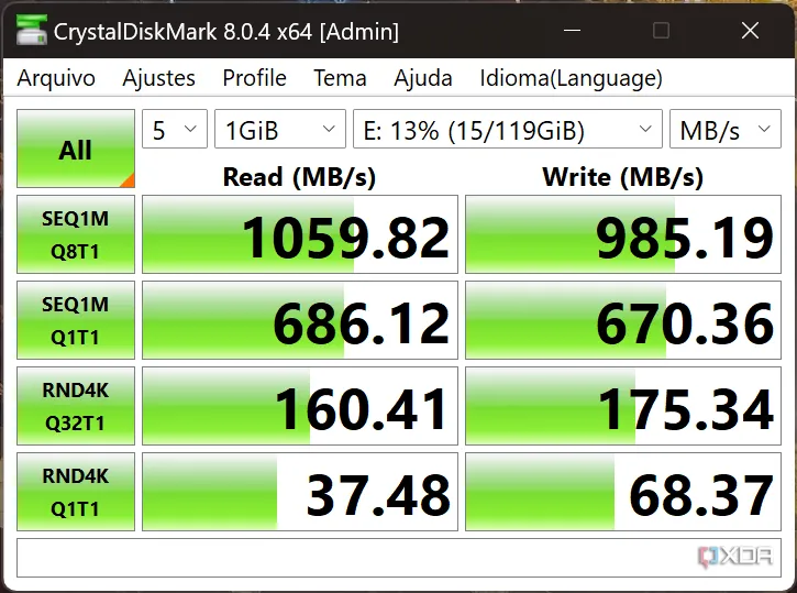 Ảnh chụp màn hình kết quả kiểm tra tốc độ SSD bằng phần mềm CrystalDiskMark