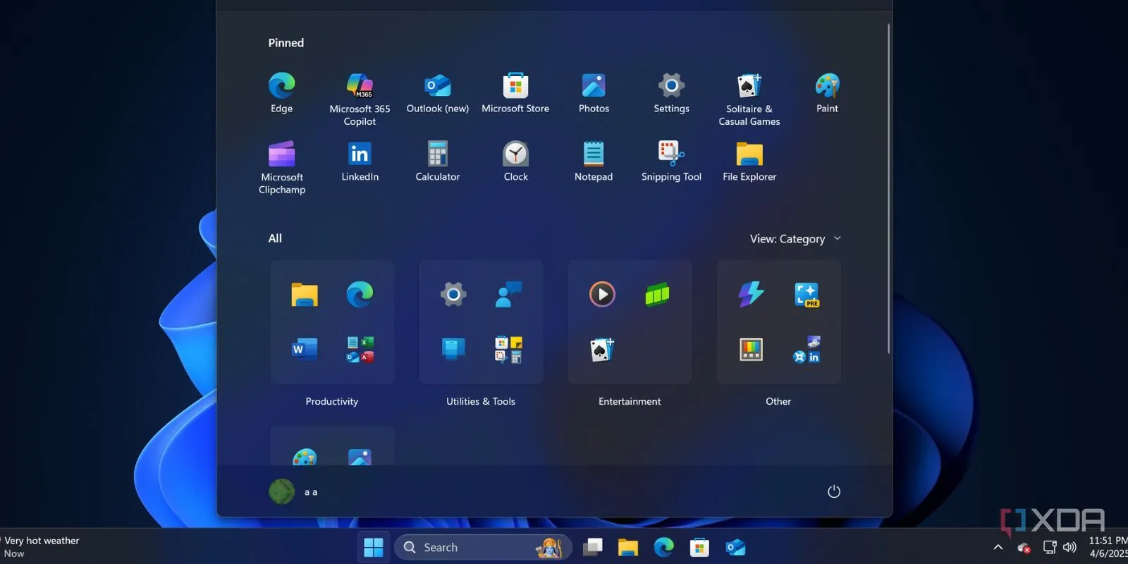 Ảnh chụp màn hình menu Start của Windows 11
