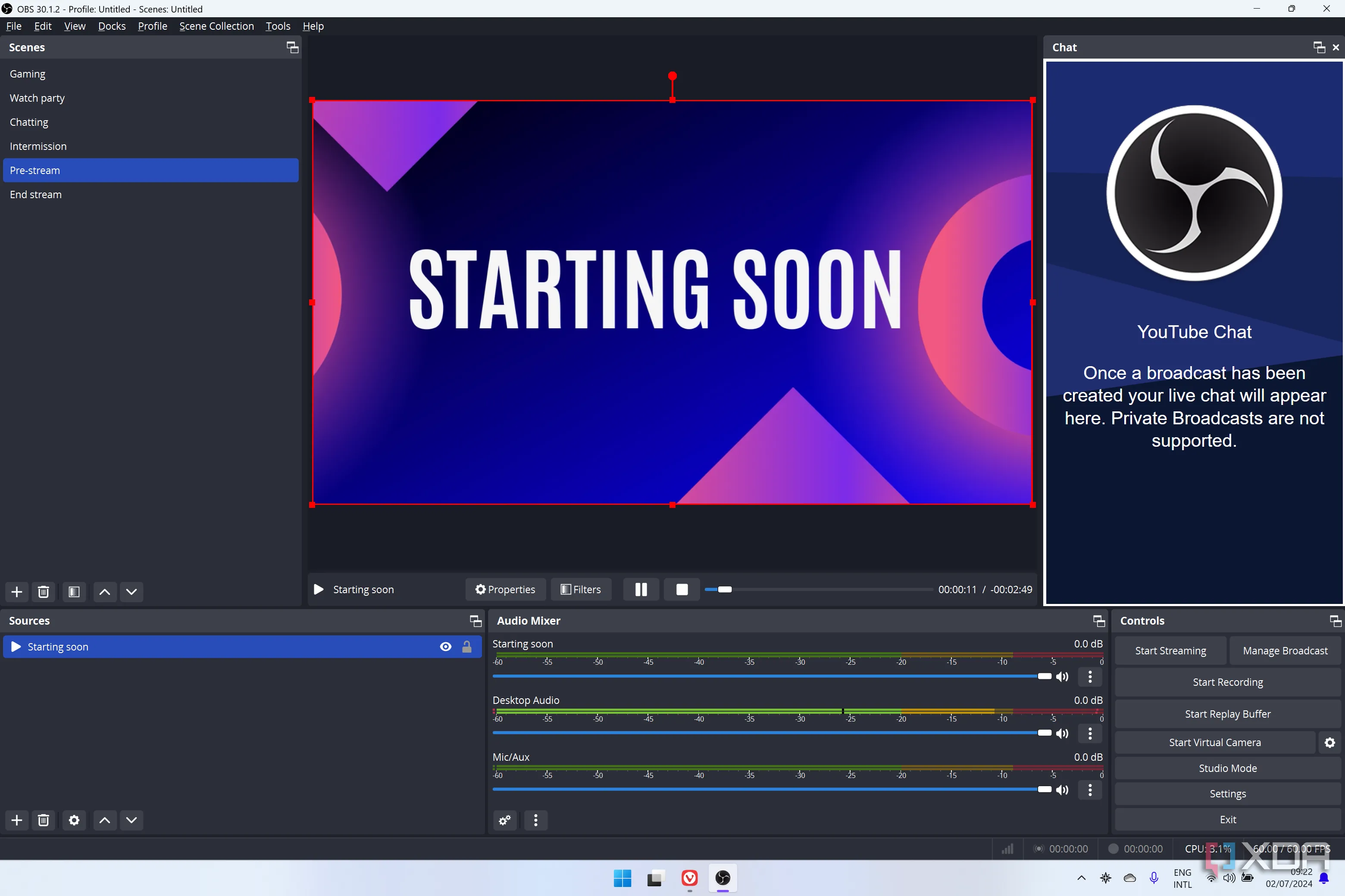 Ảnh chụp màn hình OBS Studio hiển thị một cảnh stream đang hoạt động