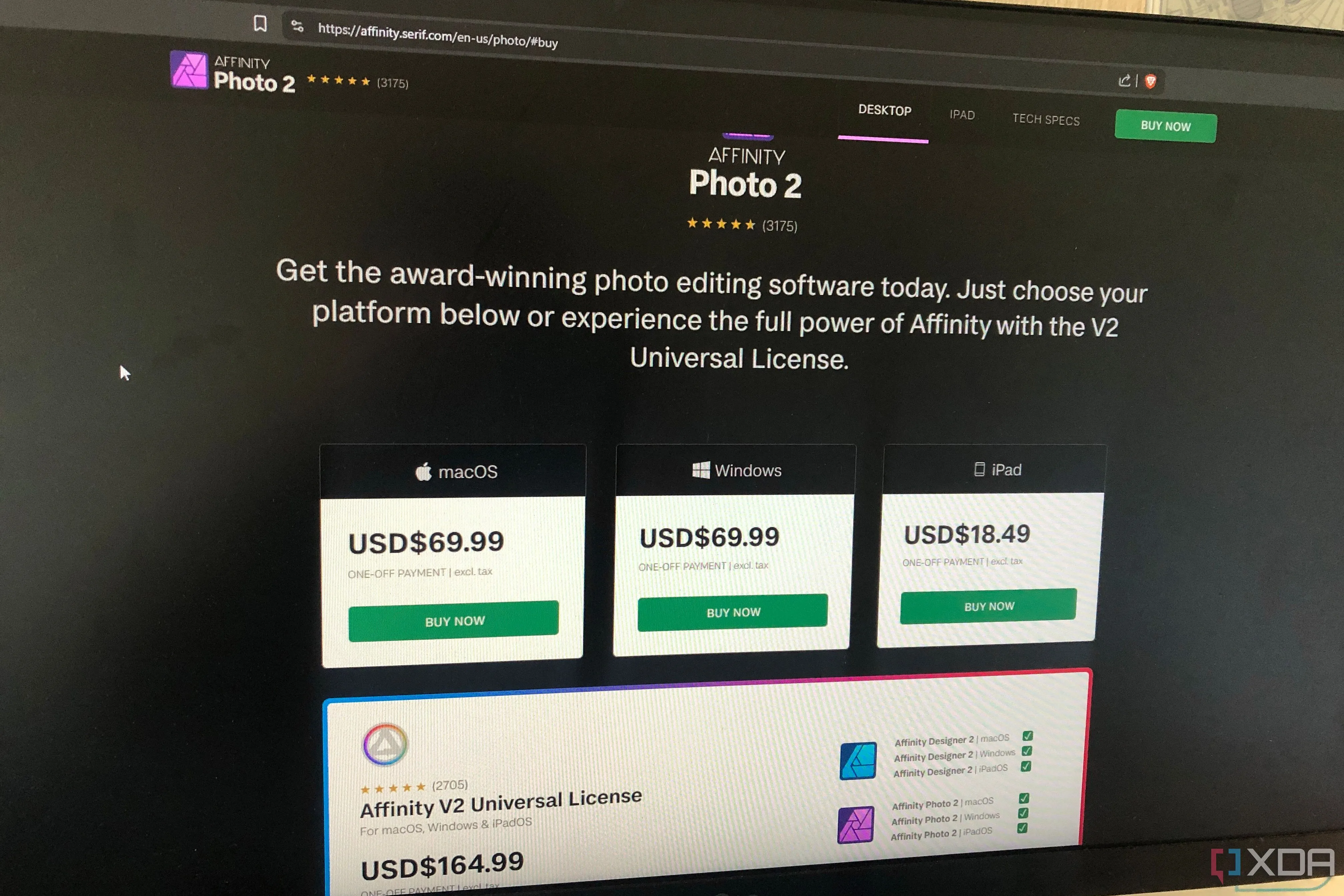 Ảnh chụp màn hình phần giá sản phẩm trên trang web chính thức của Affinity Photo, làm nổi bật mô hình mua một lần thay vì thuê bao.