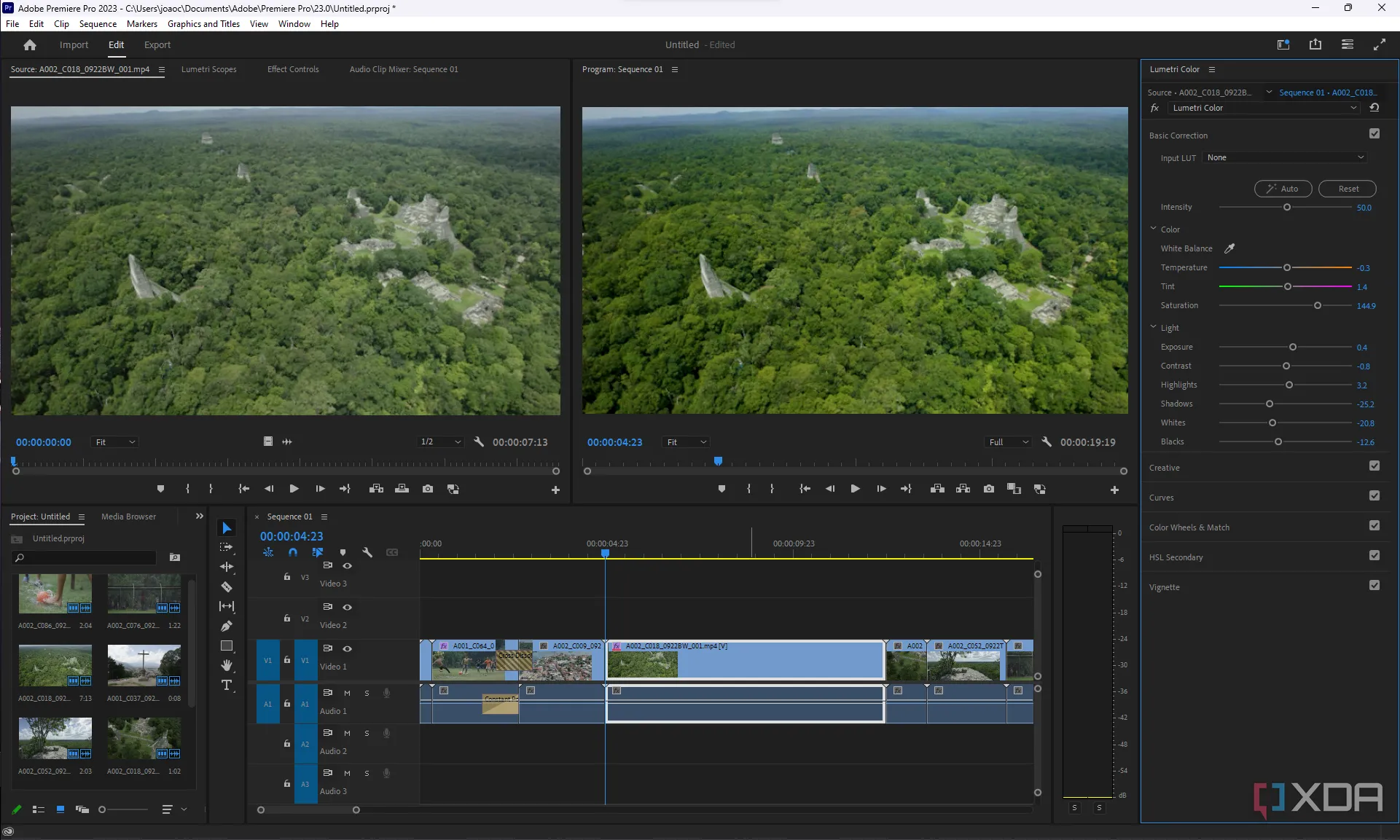 Ảnh chụp màn hình phần mềm chỉnh sửa video chuyên nghiệp Adobe Premiere Pro, thể hiện giao diện làm việc với timeline và các công cụ chỉnh sửa