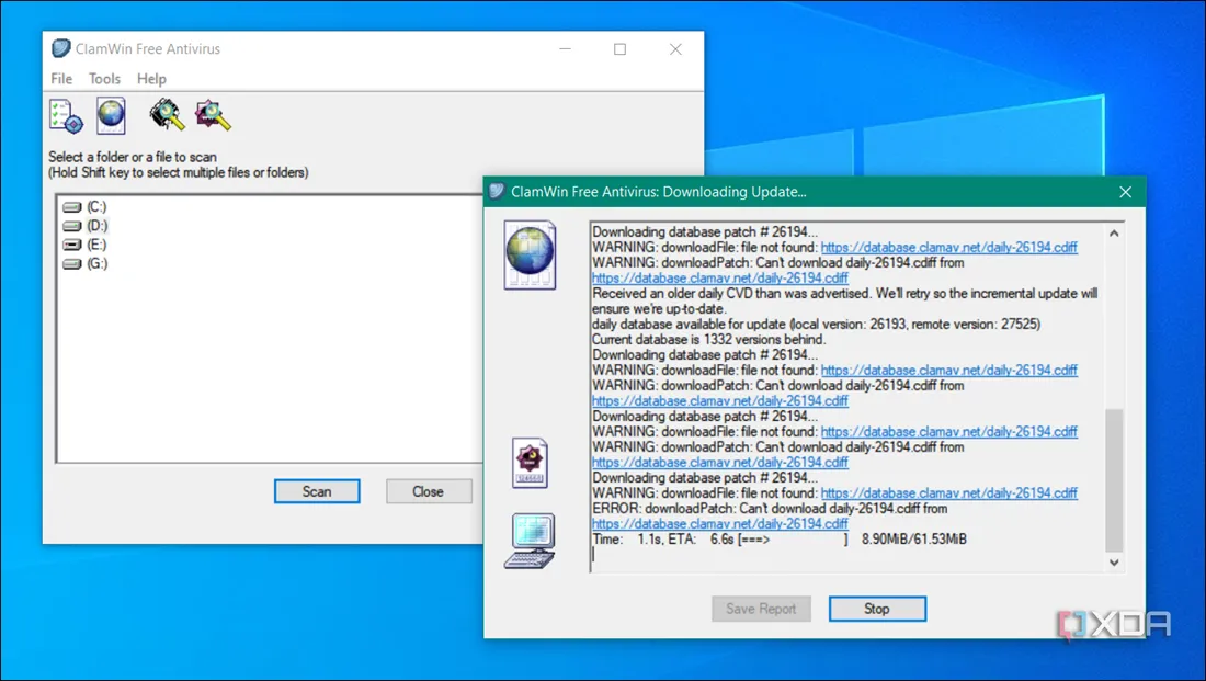 Ảnh chụp màn hình phần mềm ClamWin Free Antivirus đang cập nhật cơ sở dữ liệu virus trên hệ điều hành Windows