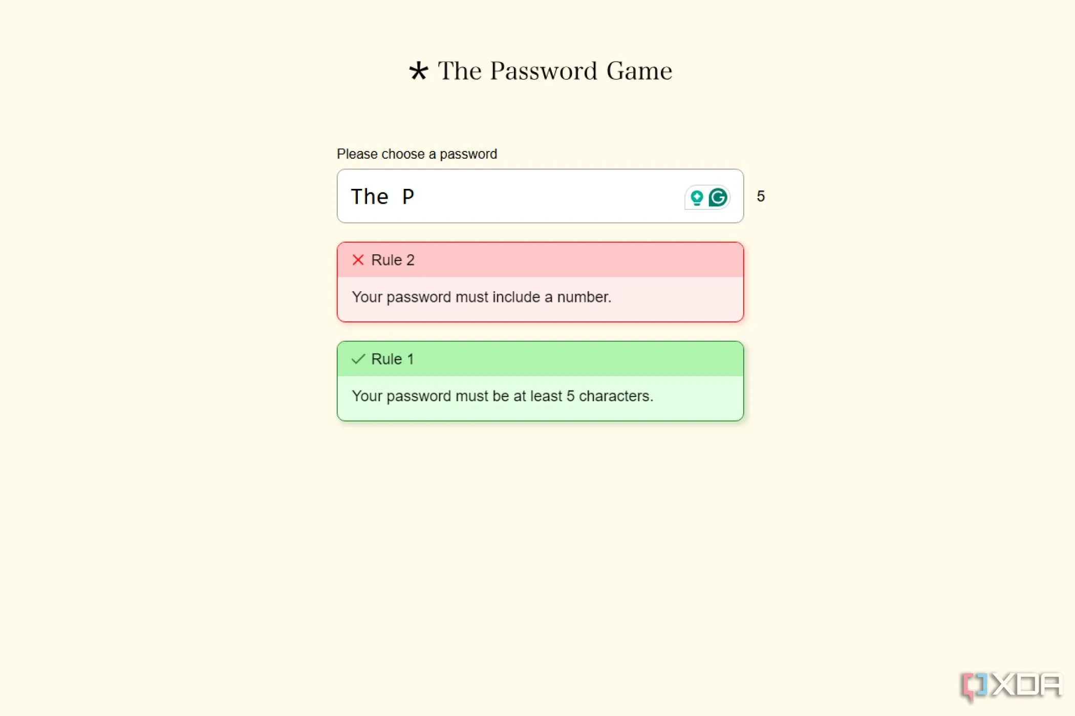 Ảnh chụp màn hình The Password Game, một trò chơi giải đố vui nhộn về các yêu cầu mật khẩu phức tạp.