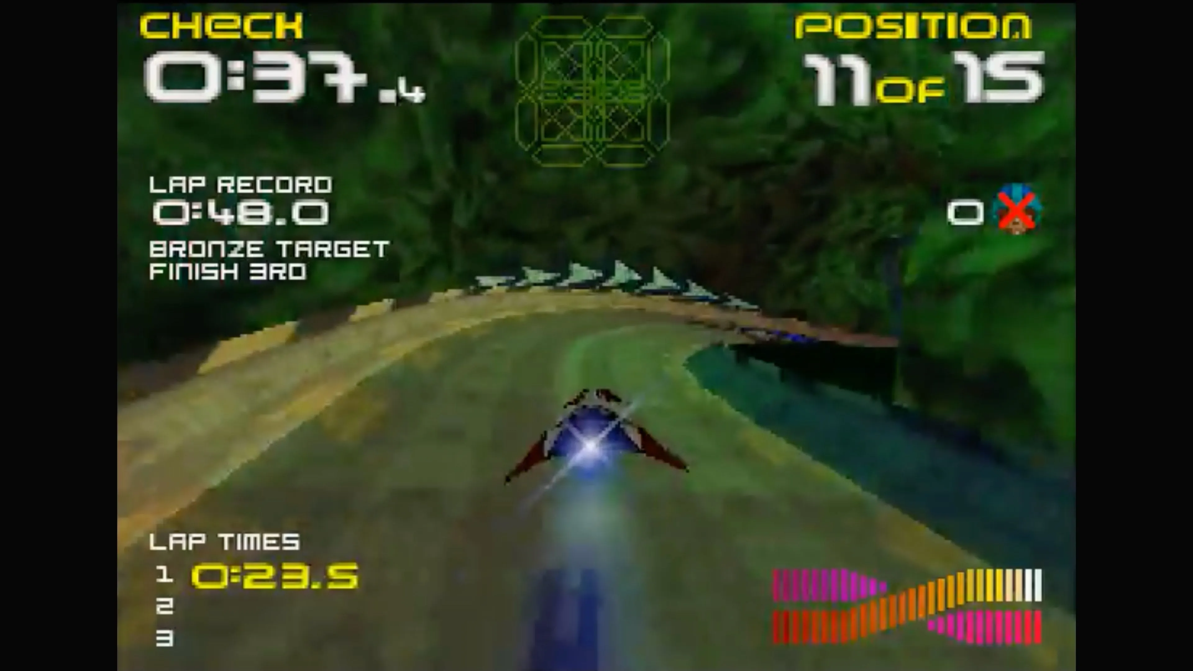 Ảnh chụp màn hình trải nghiệm game đua xe Wipeout 64 tốc độ cao trên hệ máy Nintendo 64