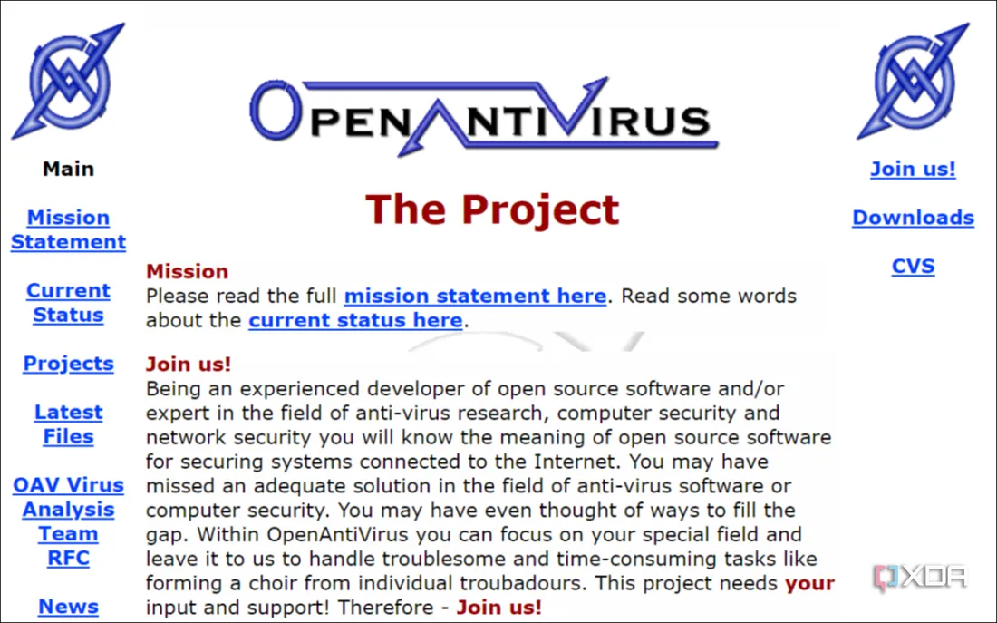 Ảnh chụp màn hình trang web chính của The OpenAntivirus Project, một dự án mã nguồn mở về bảo mật