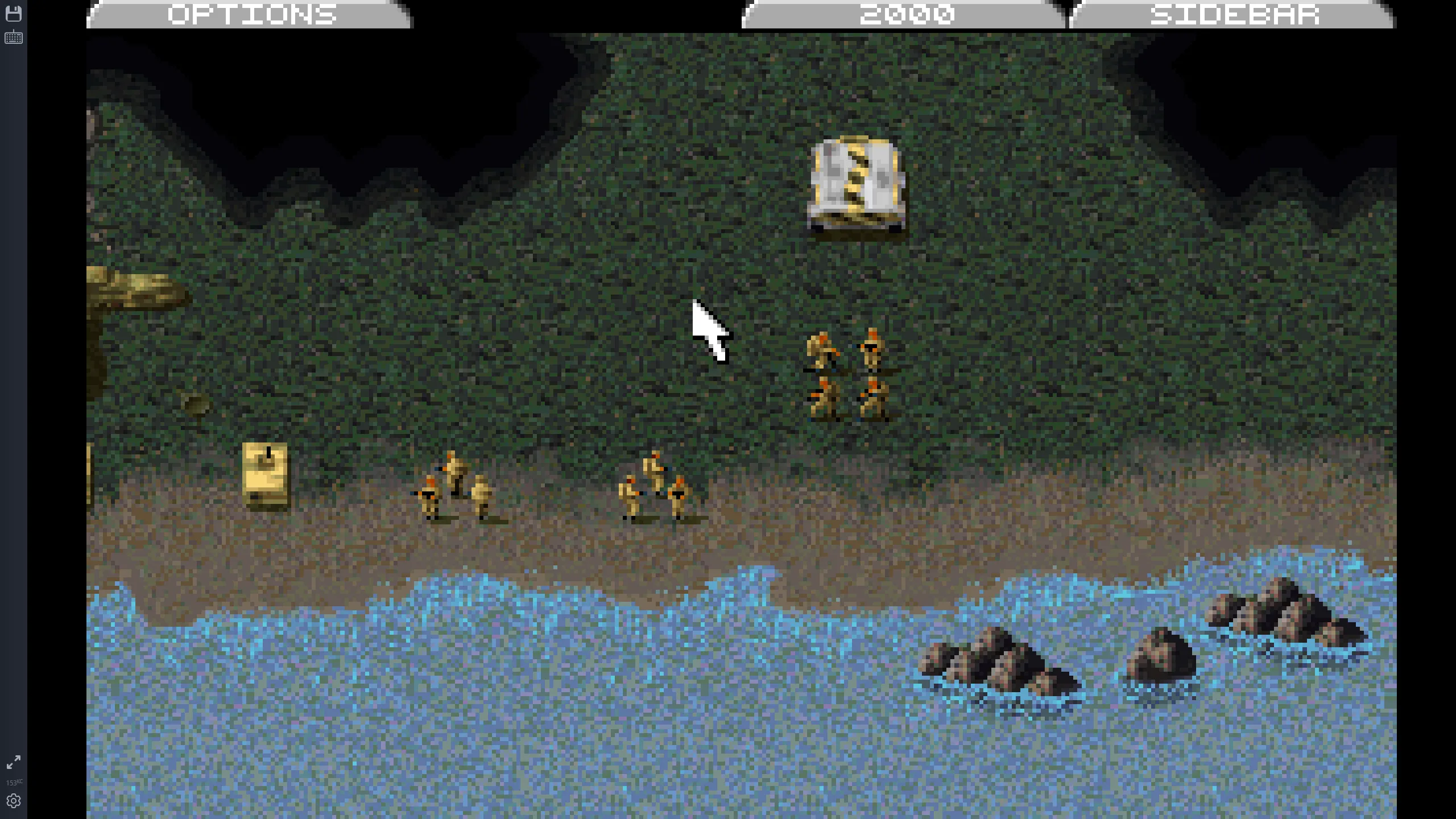 Ảnh chụp màn hình từ game chiến thuật Command &amp; Conquer, thể hiện các đơn vị quân đội bên bờ sông.