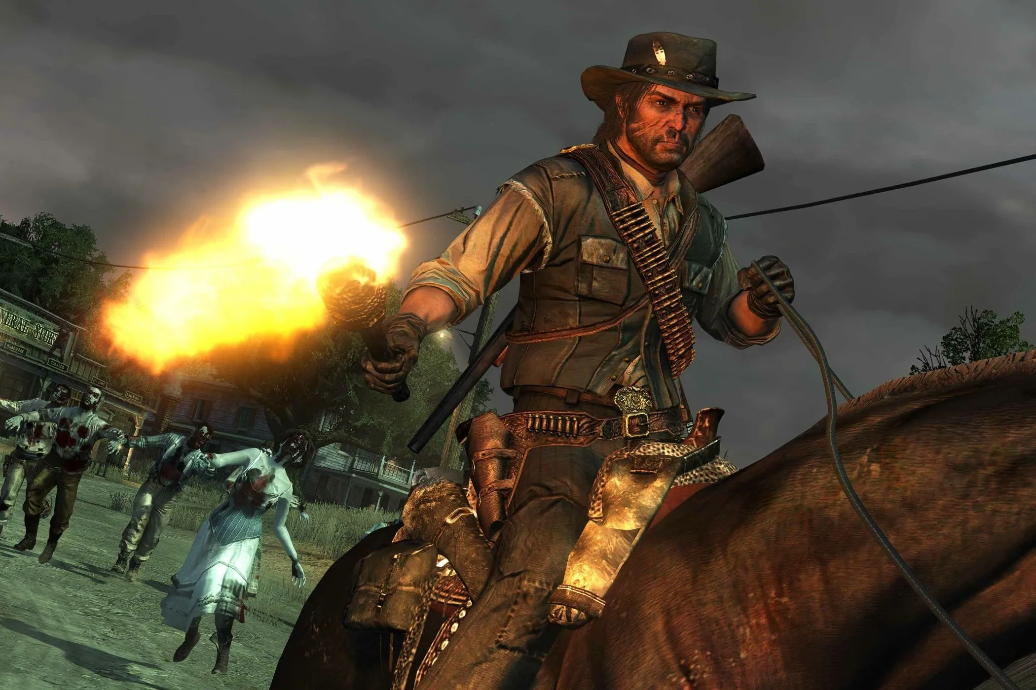 Ảnh chụp màn hình từ Red Dead Redemption: Undead Nightmare, một người đàn ông cưỡi ngựa cầm đuốc giữa bầy zombie