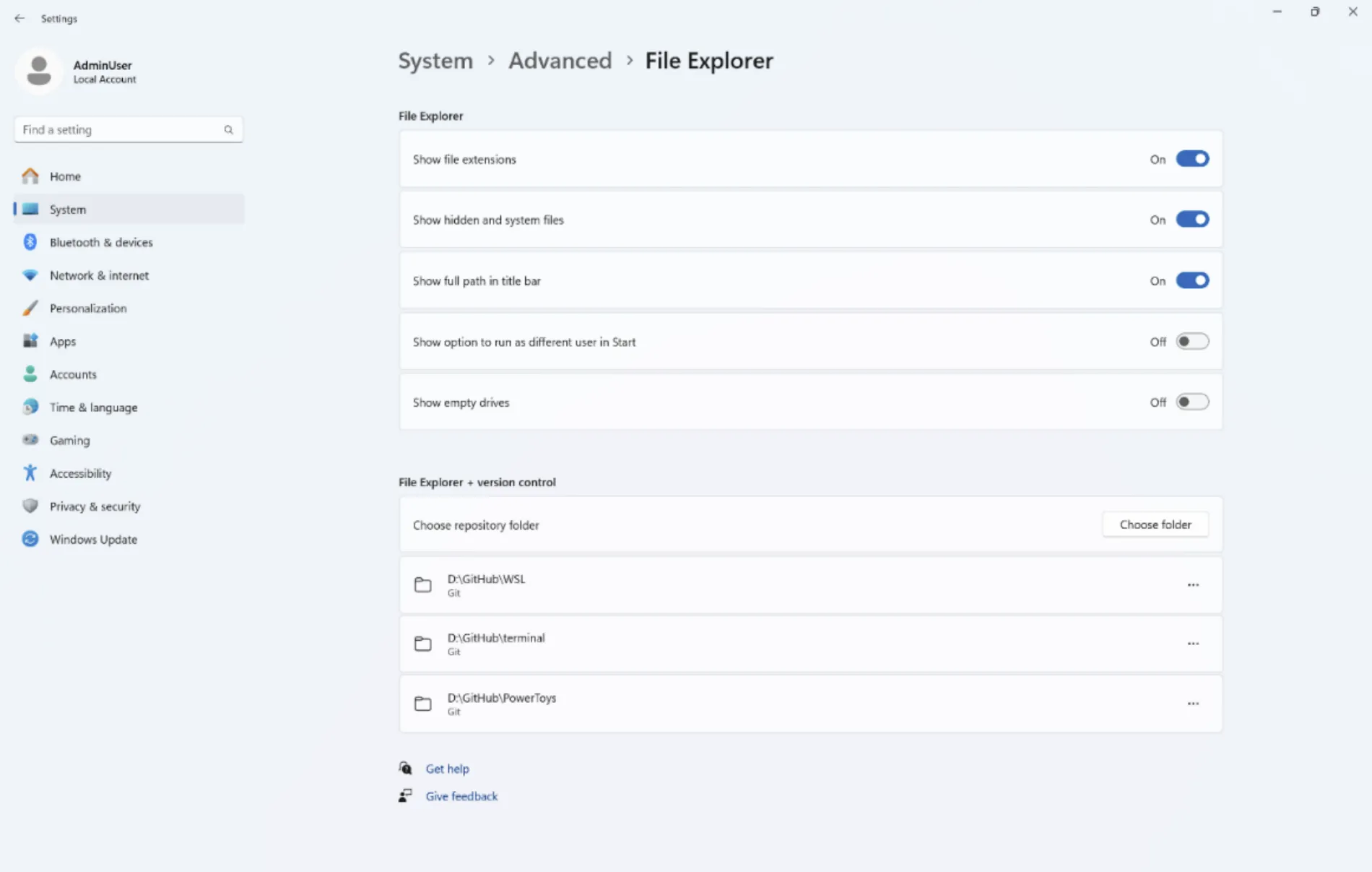 Ảnh chụp màn hình ứng dụng Cài đặt Windows 11 với trang Windows Advanced Settings cho File Explorer và tùy chọn tích hợp GitHub