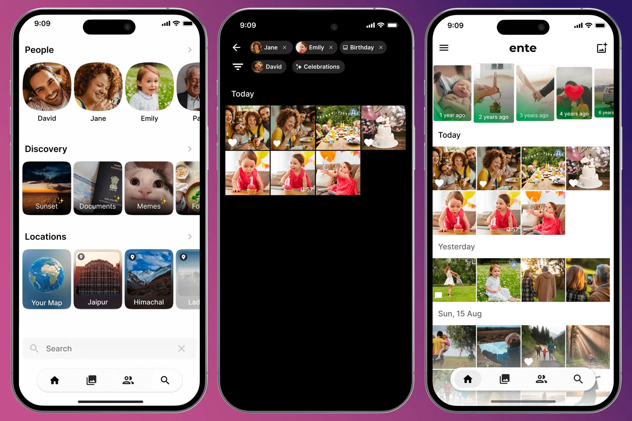 Ảnh chụp màn hình ứng dụng Ente Photos trên điện thoại, minh họa tính năng quản lý ảnh di động