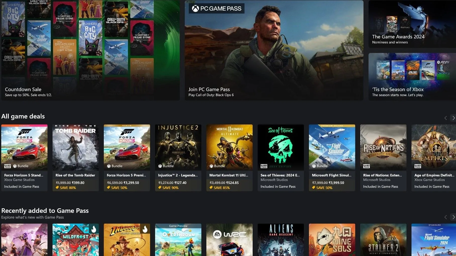Ảnh chụp màn hình ứng dụng Xbox hiển thị nhiều tựa game, minh họa cho kho game phong phú của Xbox Game Pass.