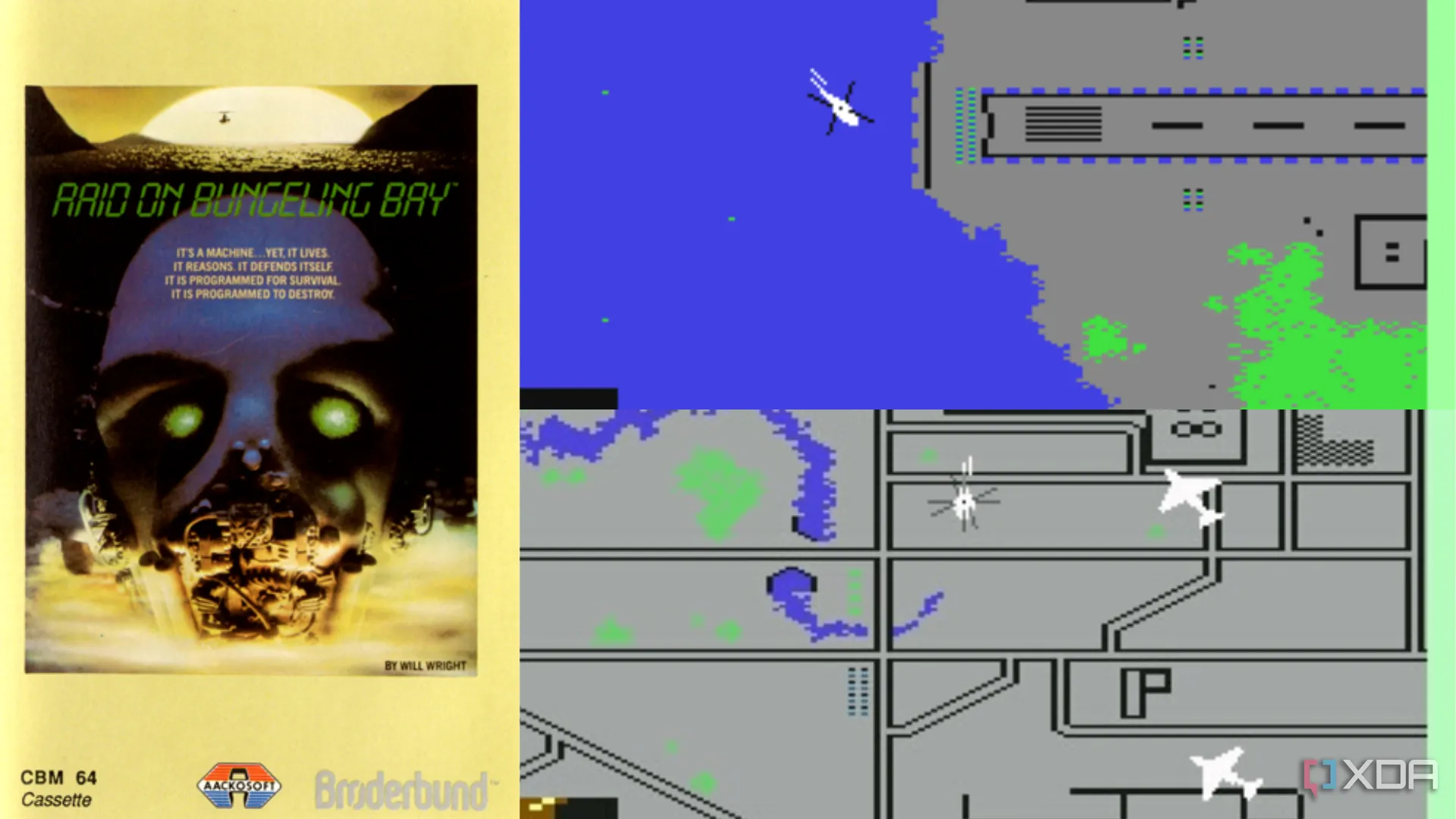 Ảnh chụp màn hình và bìa game Raid on Bungeling Bay, trò chơi đầu tiên của Will Wright và nguồn cảm hứng cho SimCity