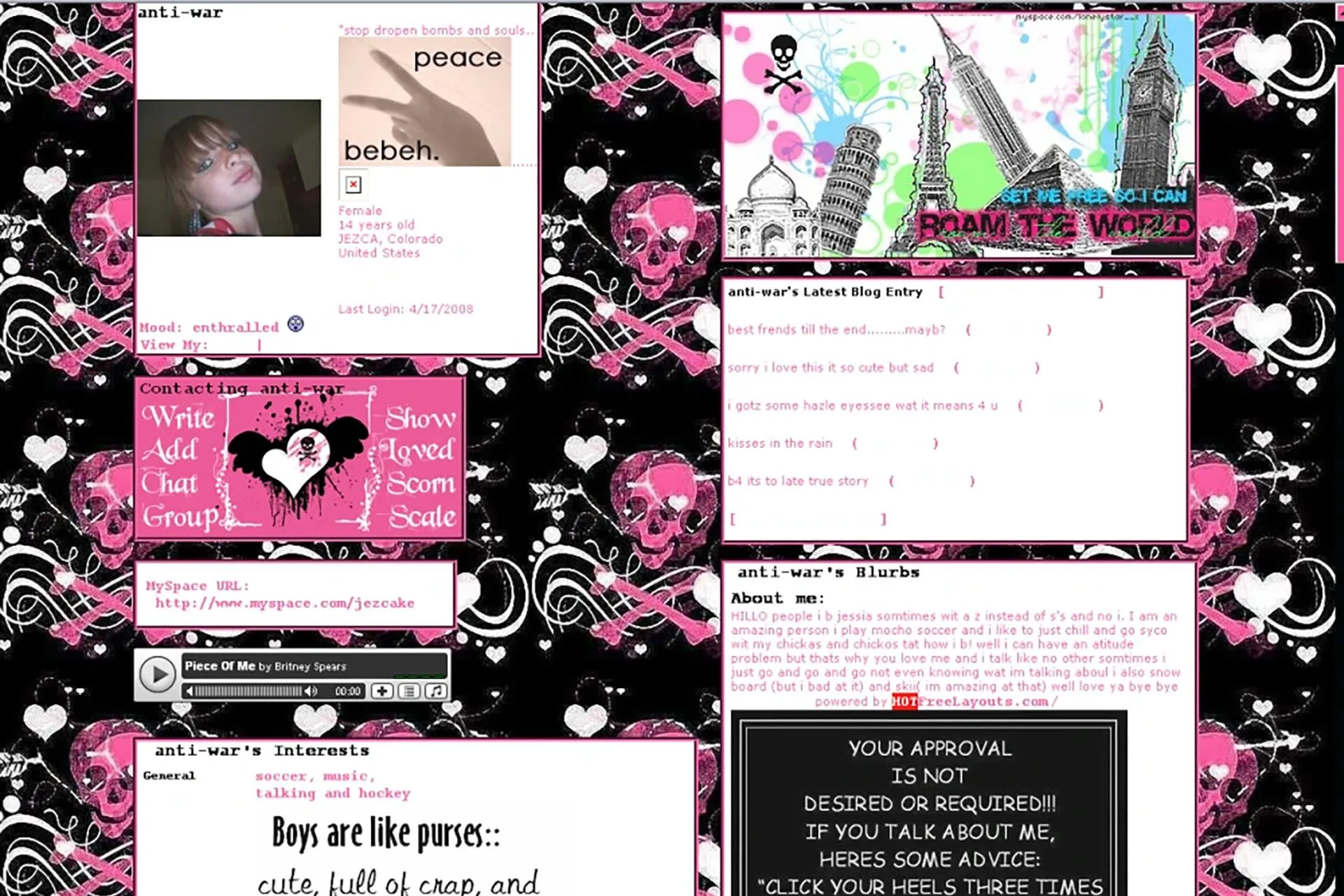 Ảnh chụp màn hình ví dụ hồ sơ MySpace tùy chỉnh trước khi thiết kế lại
