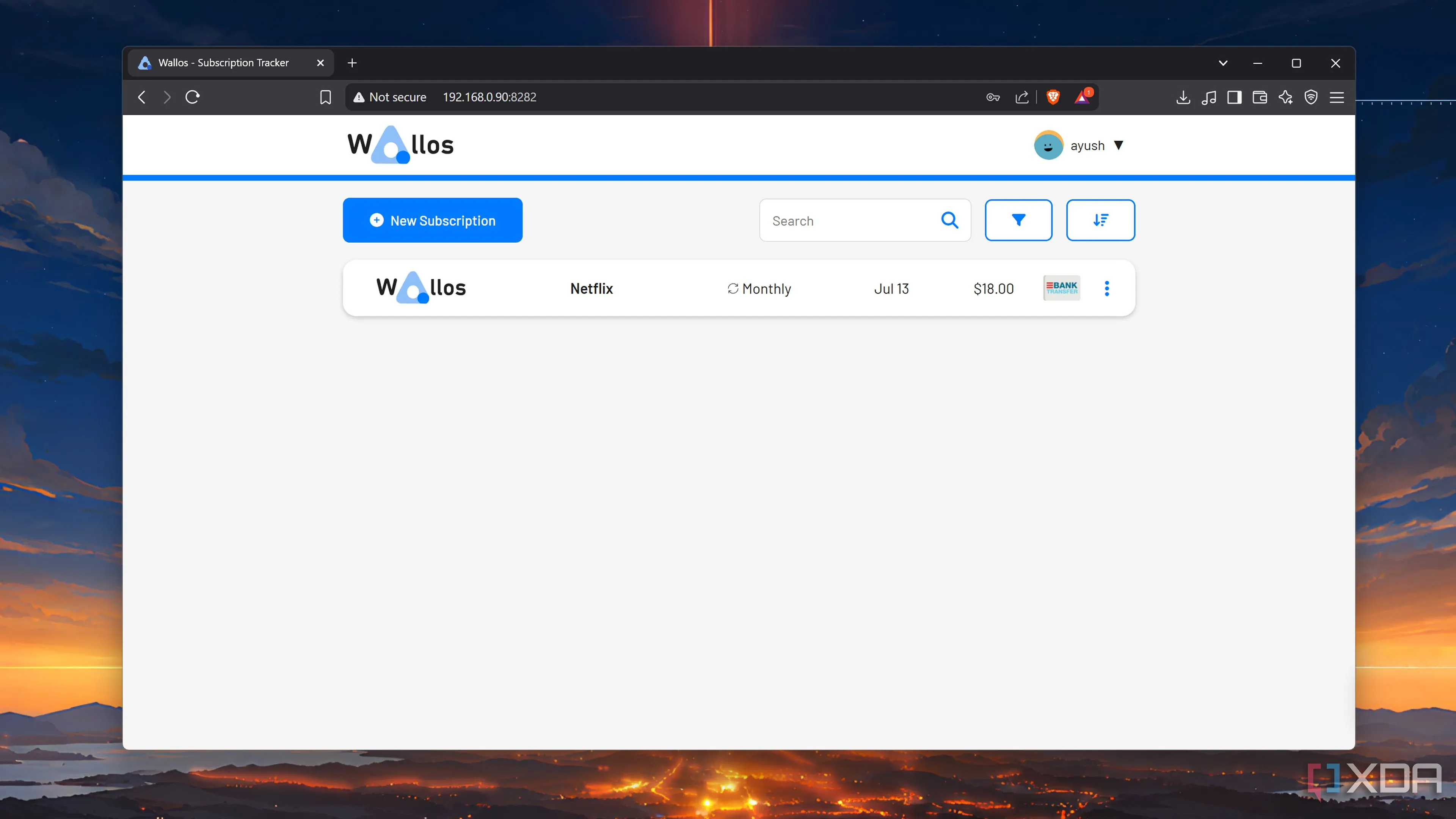 Ảnh chụp màn hình Wallos đang chạy, hiển thị các gói đăng ký dịch vụ tự host