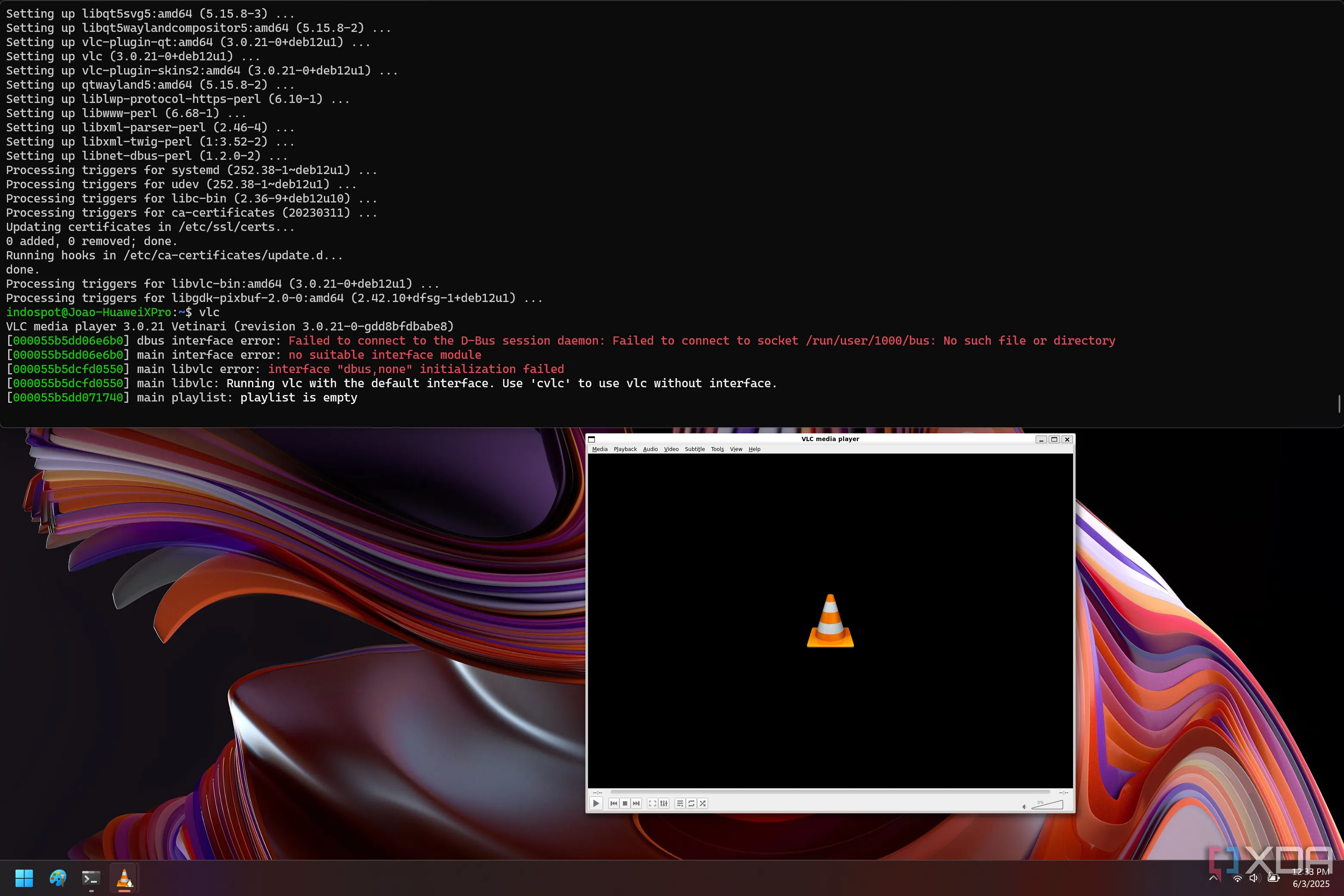 Ảnh chụp màn hình Windows Terminal ở Chế độ Quake (Quake Mode) chạy Debian, hiển thị lệnh khởi chạy VLC và cửa sổ VLC Linux phía dưới