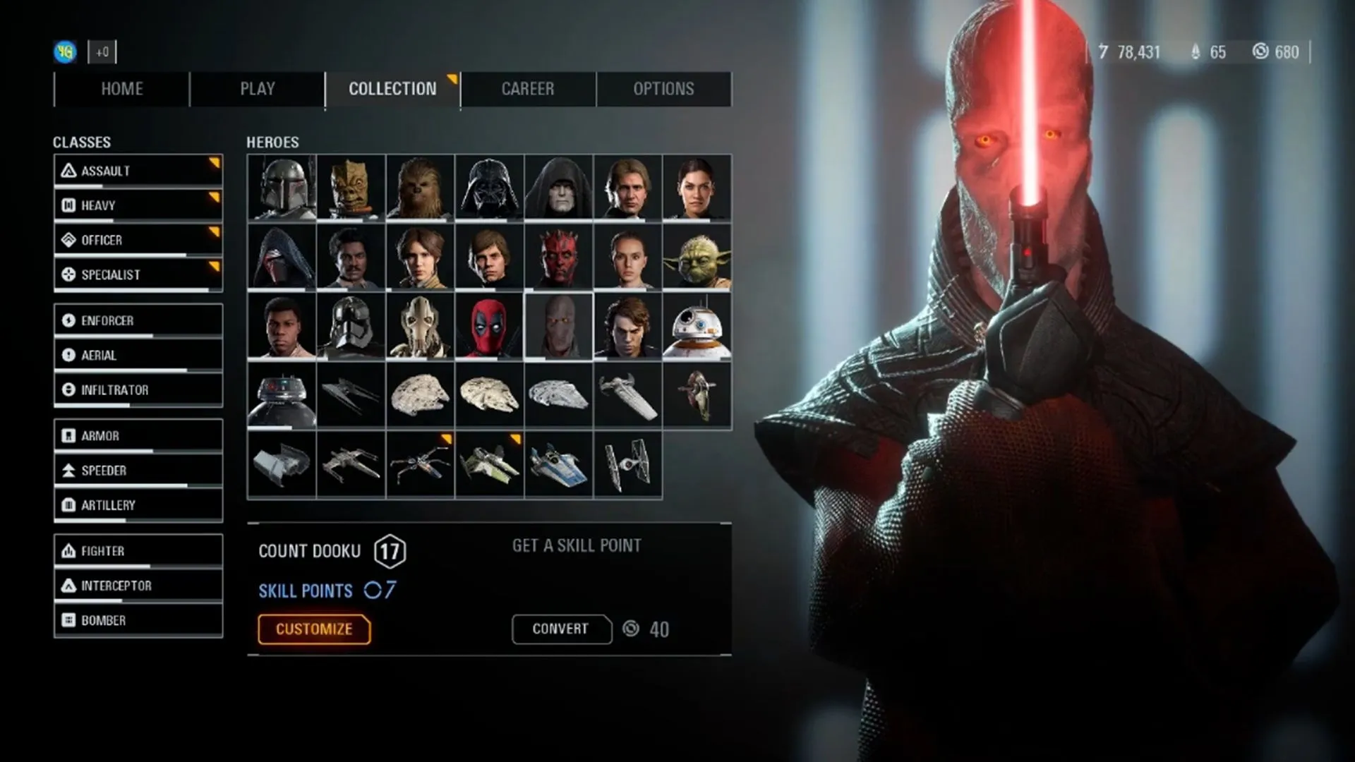 Ảnh chụp mod Darth Plagueis trong game Star Wars Battlefront II, minh họa Chúa tể Sith Muun.