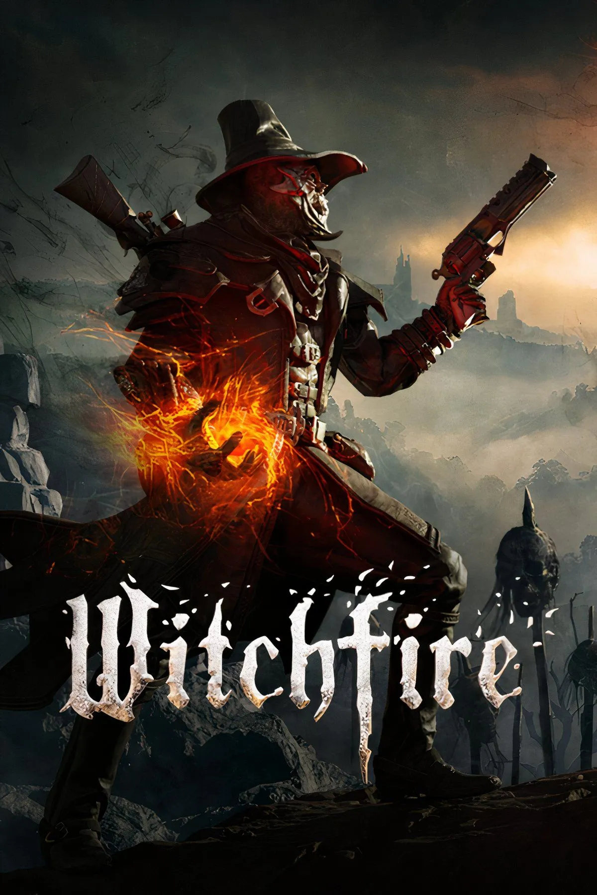 Ảnh đồ họa chất lượng cao từ game bắn súng góc nhìn thứ nhất Witchfire, thể hiện môi trường fantasy đen tối và vũ khí phép thuật