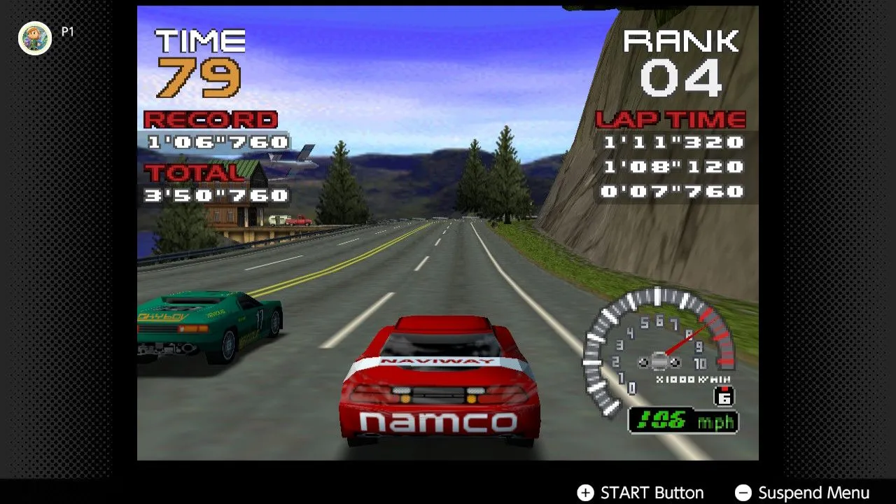 Ảnh gameplay Ridge Racer 64 trên Nintendo Switch, minh họa tựa game đua xe tốc độ cao trên Nintendo 64