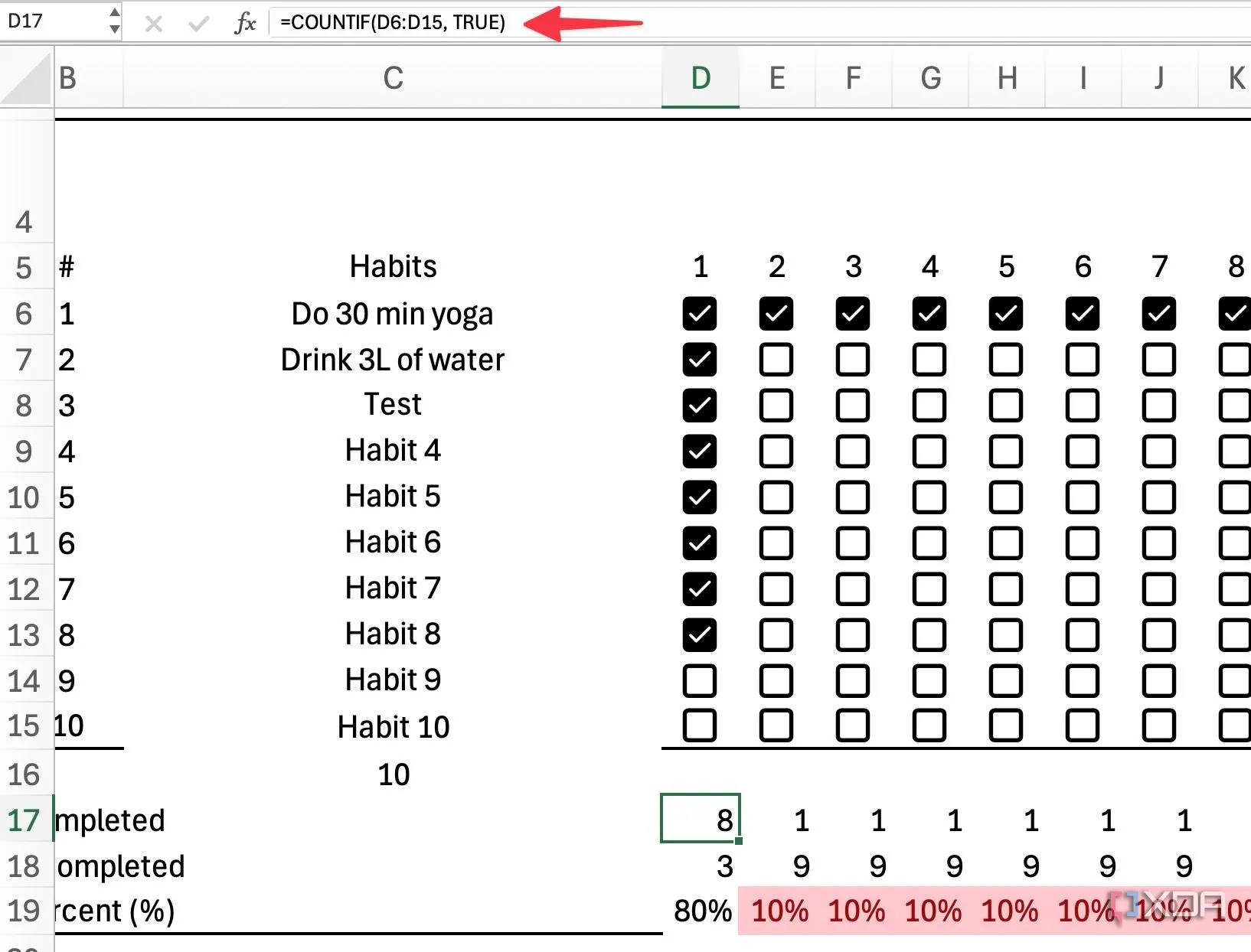 Áp dụng công thức COUNTIF để đếm số thói quen hoàn thành trong Habit Tracker Excel