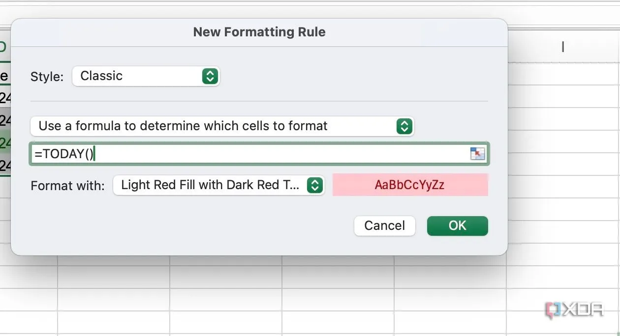 Áp dụng công thức =TODAY() trong Conditional Formatting để đánh dấu deadline quá hạn