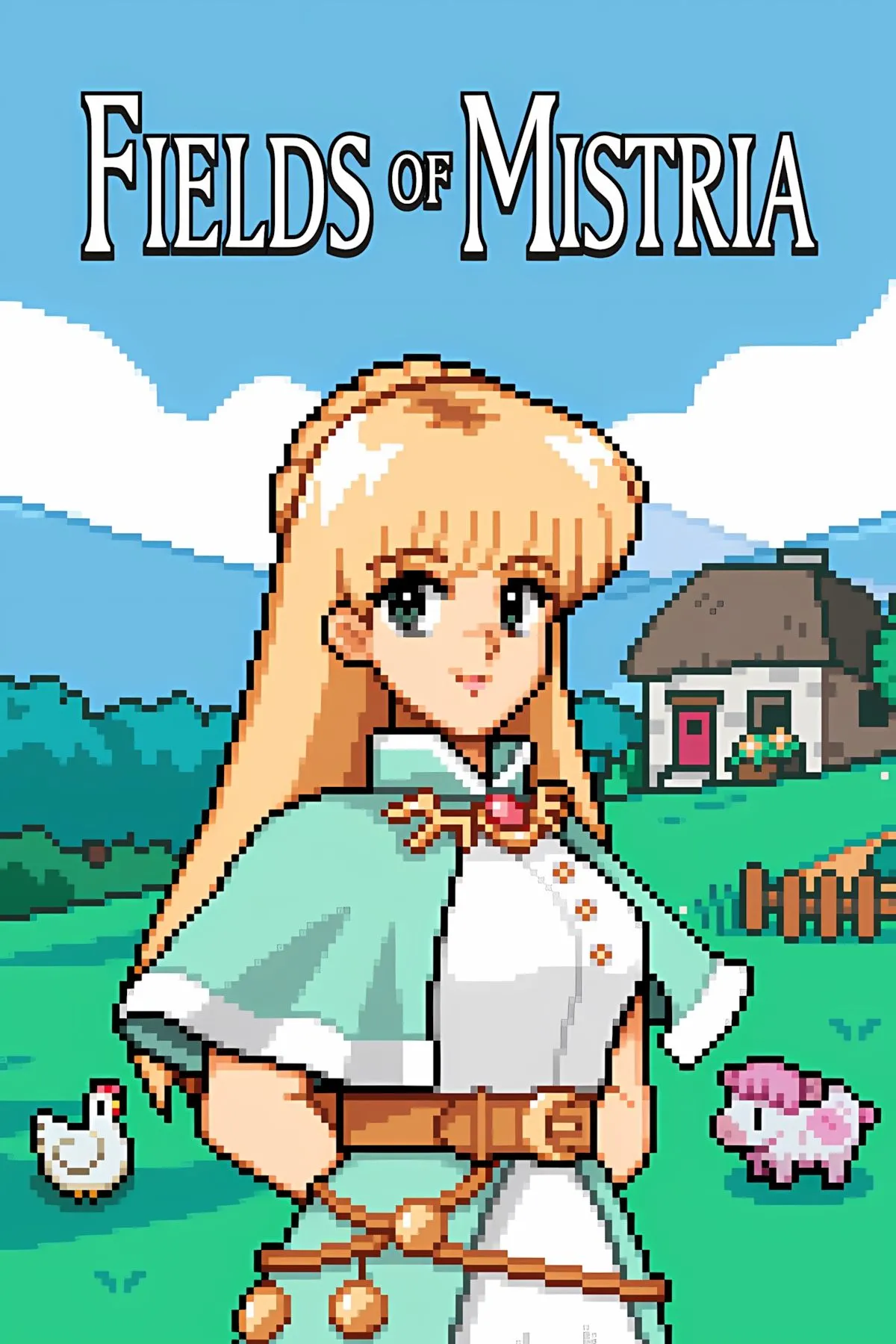Artwork chính của game mô phỏng nông trại Fields of Mistria, với phong cách đồ họa dễ thương và các nhân vật