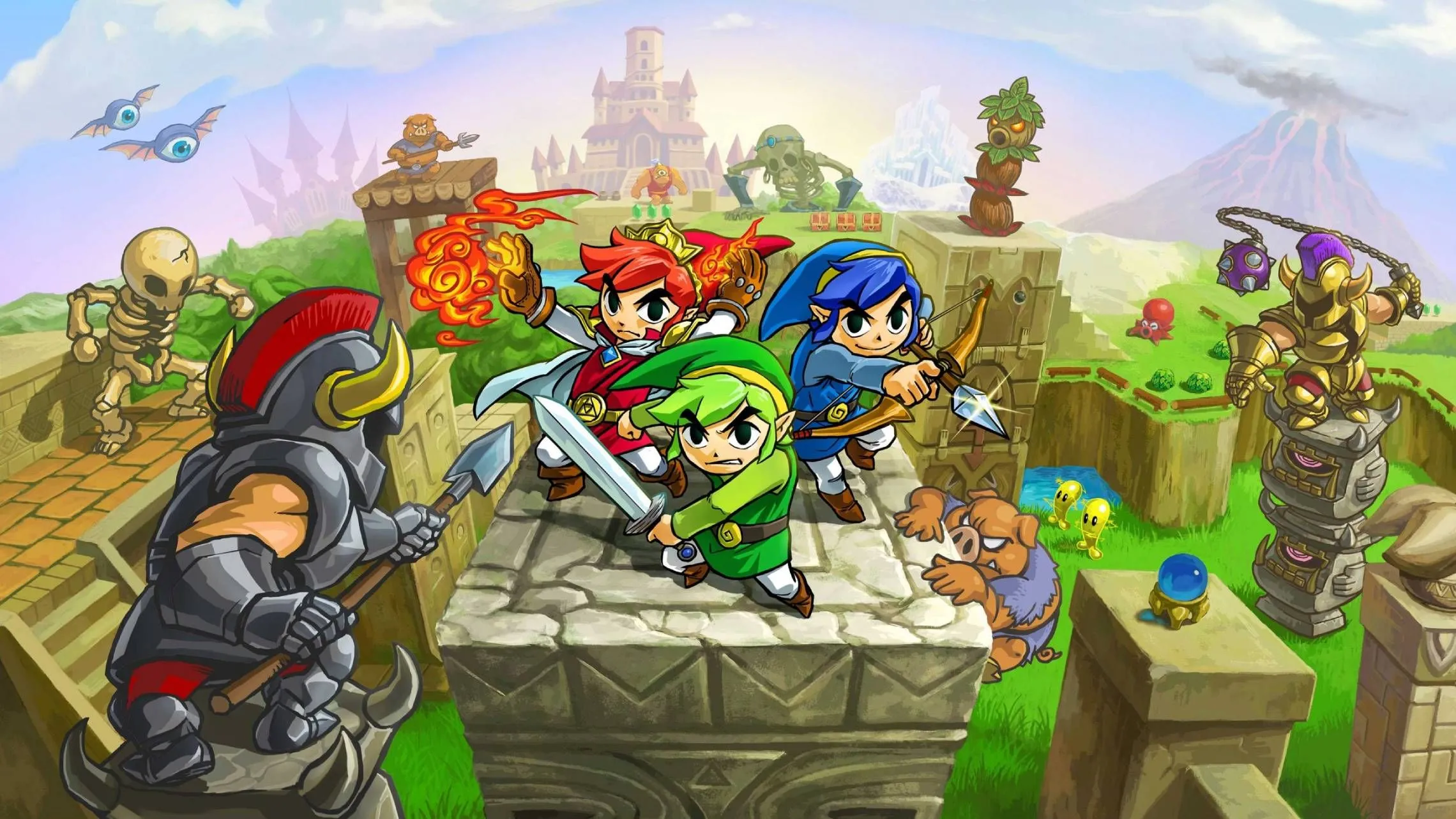 Artwork chính thức của ba Links chiến đấu cùng nhau từ The Legend of Zelda: Tri Force Heroes