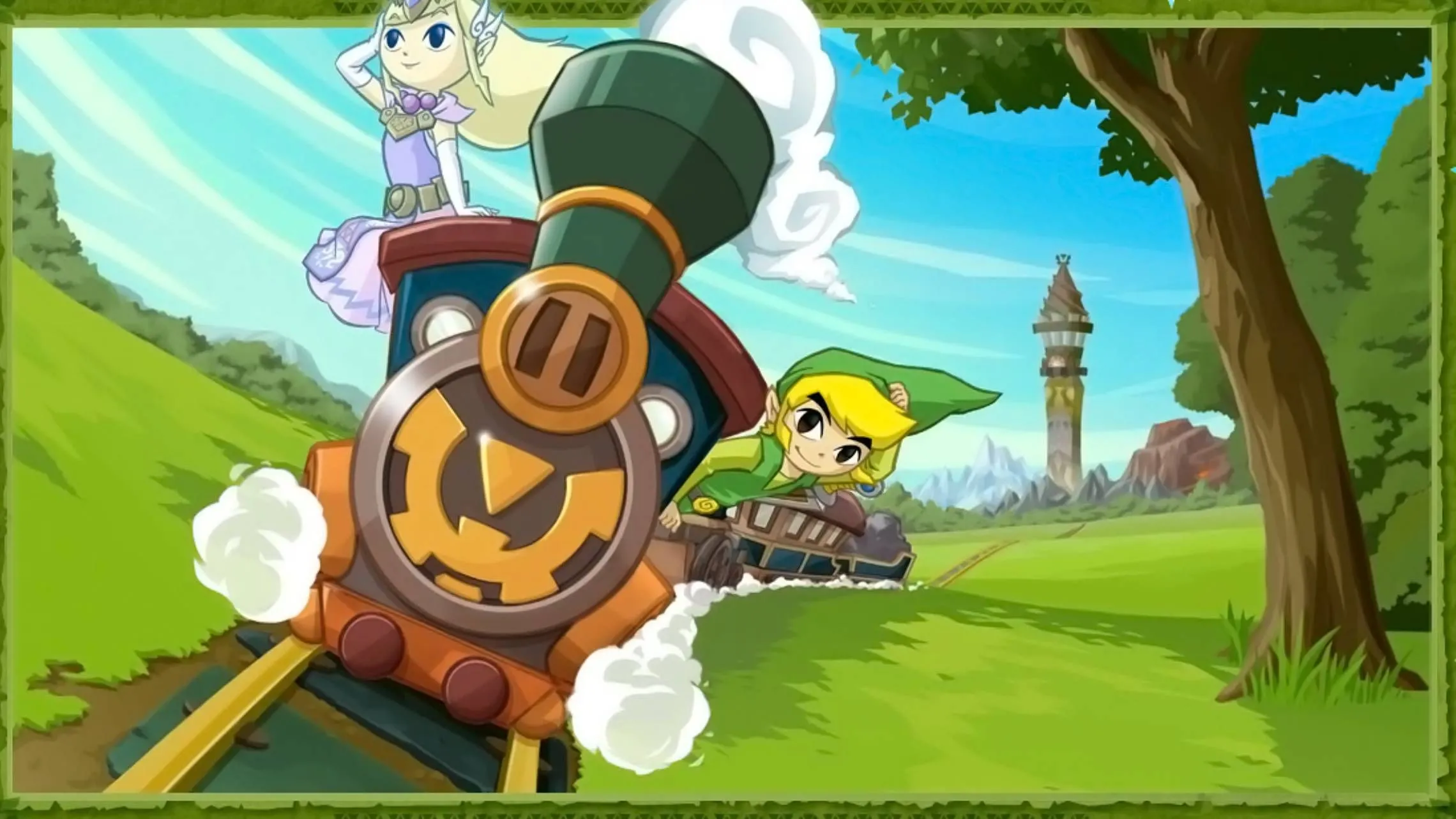 Artwork chính thức của Link và Zelda trên tàu hỏa từ The Legend of Zelda Spirit Tracks
