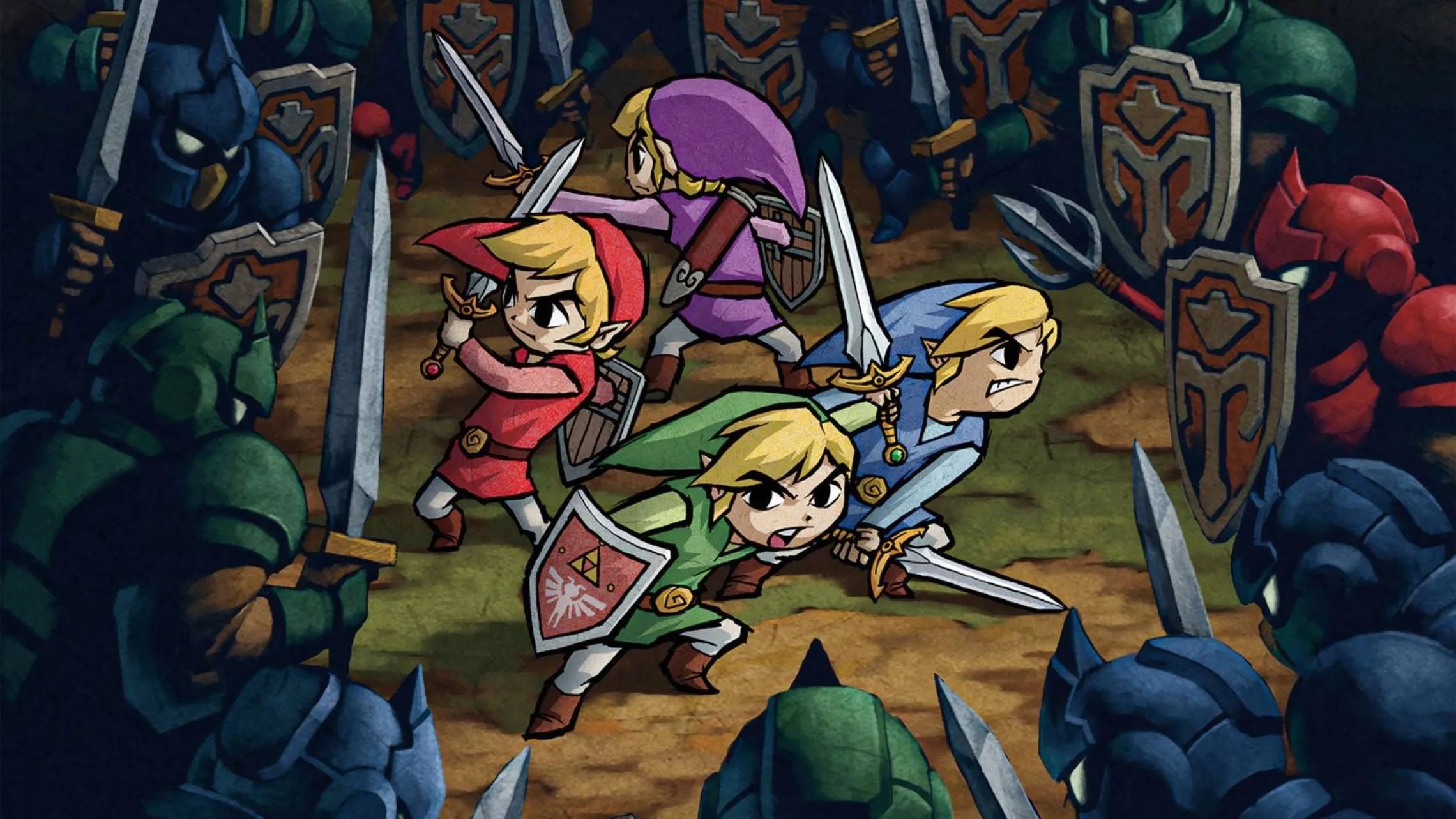 Artwork chính thức từ The Legend of Zelda: Four Swords Adventure với nhiều Links chiến đấu chống lại kẻ thù