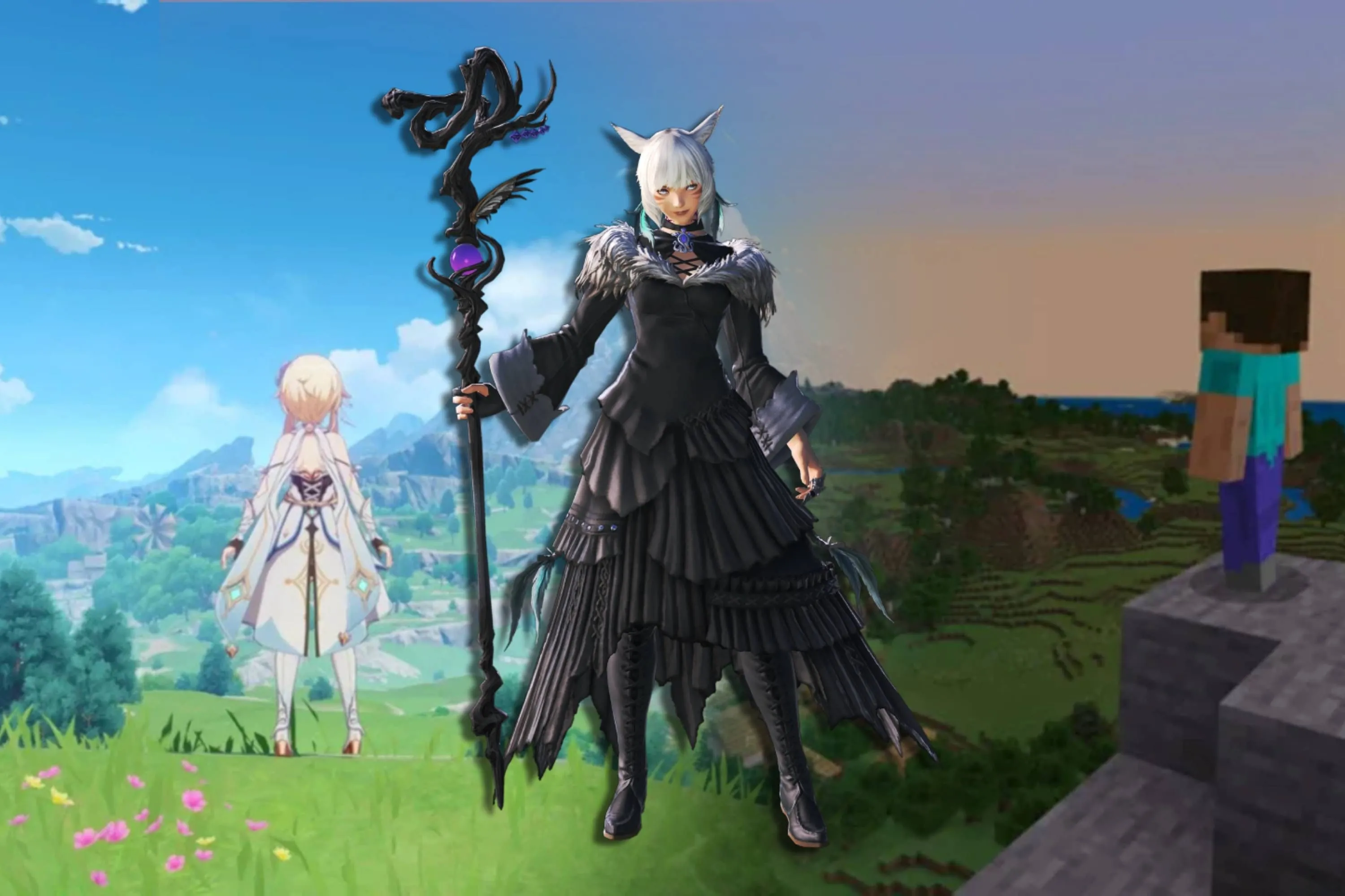 Ba tựa game phổ biến Genshin Impact, Minecraft và Final Fantasy 14 trên Steam Deck, minh họa cho trải nghiệm chơi game đa dạng trên nền tảng Steam.