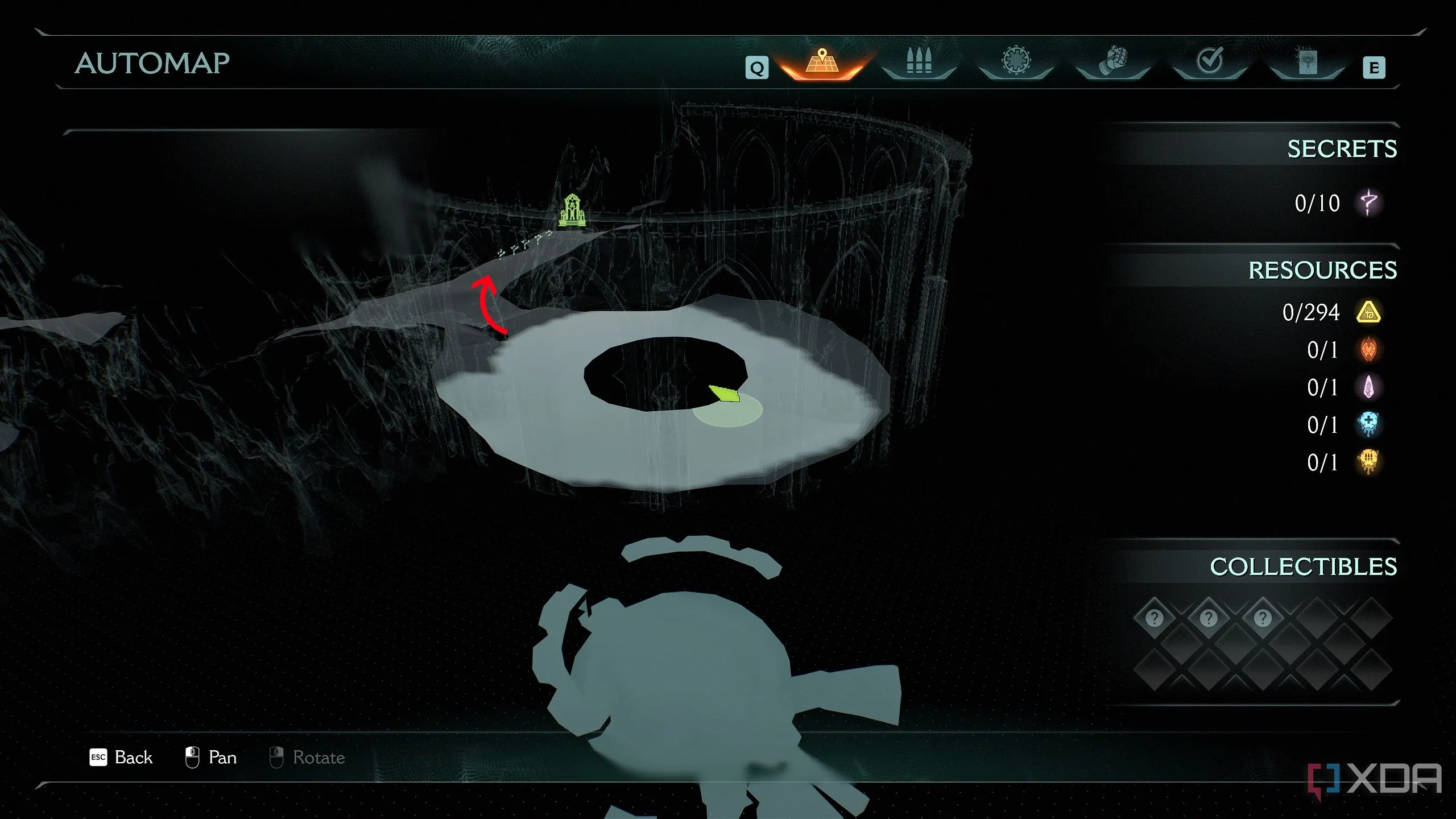 Bản đồ 3D Automap trong Doom: The Dark Ages hiển thị vị trí của Người Sát Quỷ sau khi bơi qua máu.