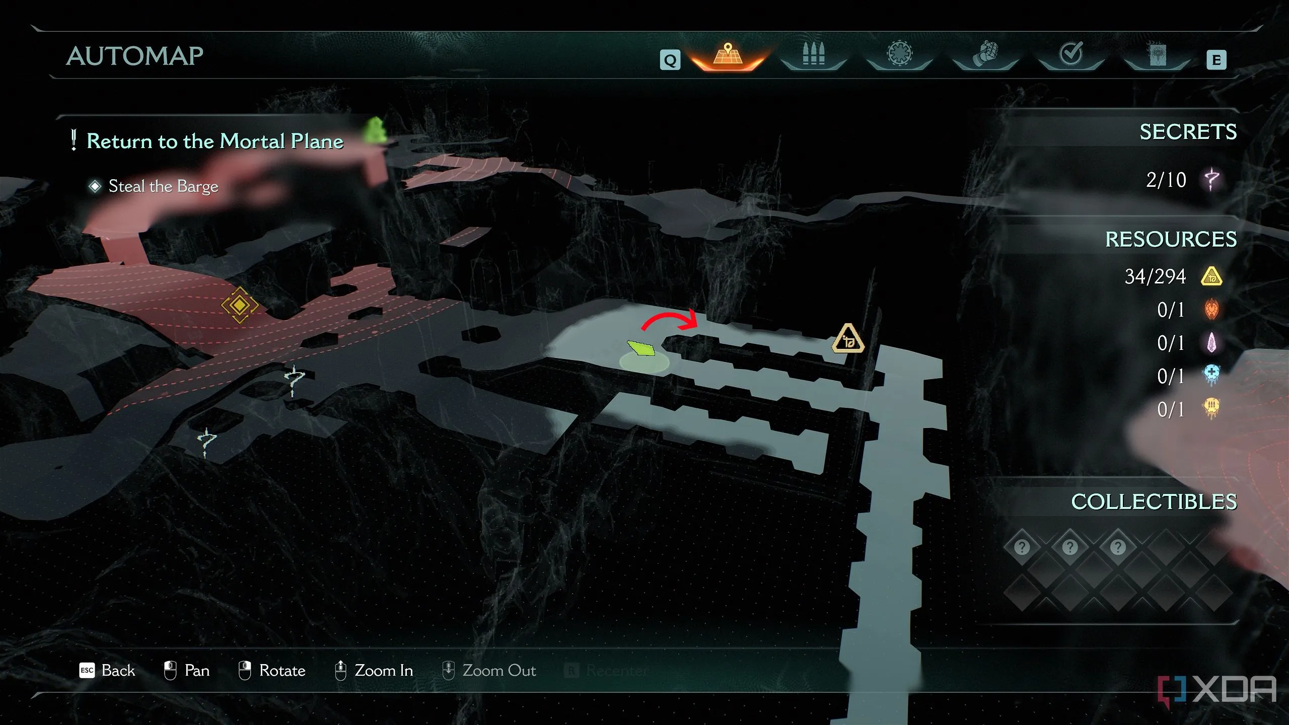 Bản đồ 3D Automap trong Doom: The Dark Ages hiển thị vị trí của Người Sát Quỷ tại đấu trường Hồng ngọc, cần quay sang trái để tìm chồng vàng.