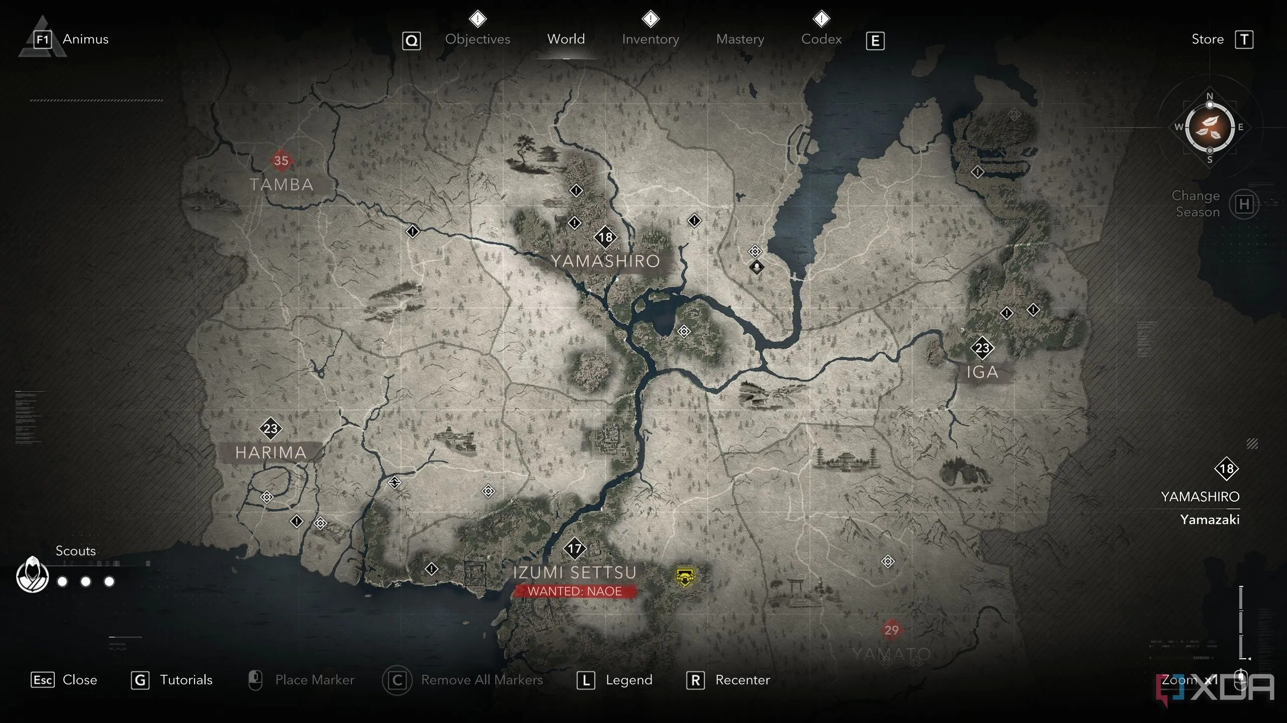 Bản đồ thế giới mở trong Assassin's Creed Shadows, hiển thị các điểm Kakurega và vị trí lính trinh sát.